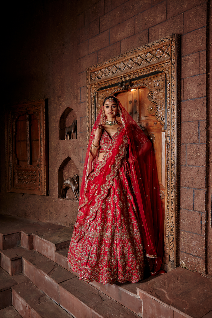 Cardinal Red Raw Silk Lehenga Set