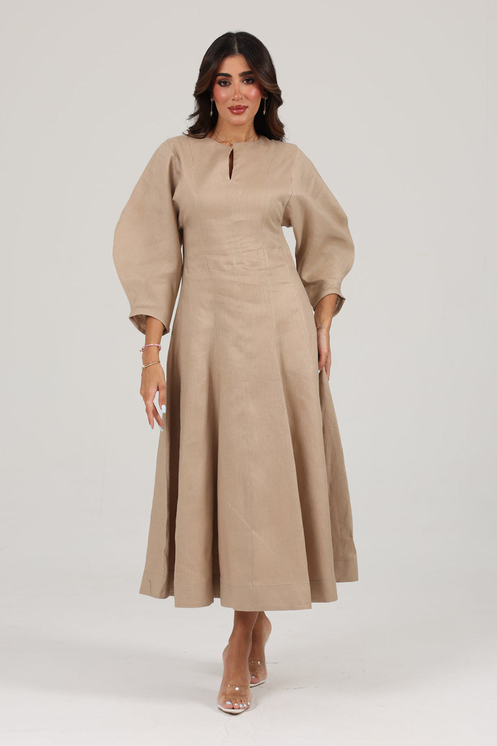 Beige Linen A-Line Midi Dress