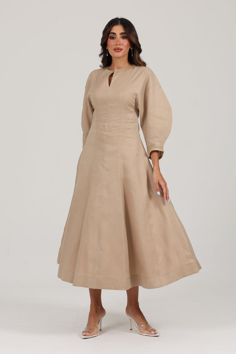 Beige Linen A-Line Midi Dress