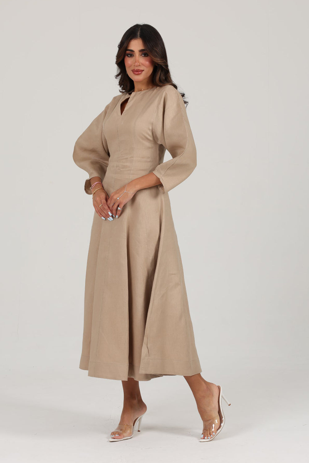 Beige Linen A-Line Midi Dress