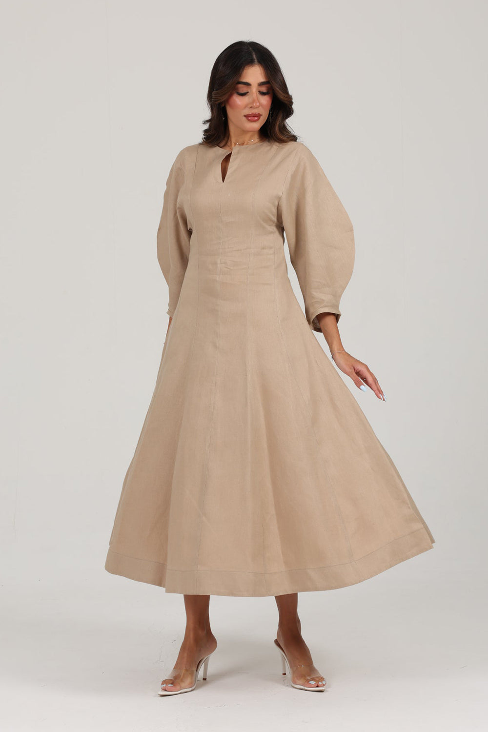 Beige Linen A-Line Midi Dress