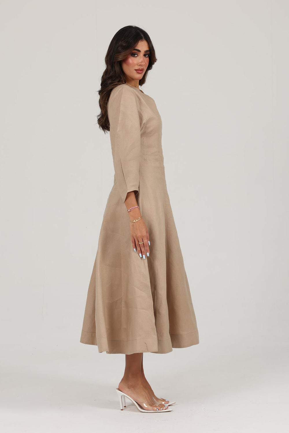 Beige Linen A-Line Midi Dress