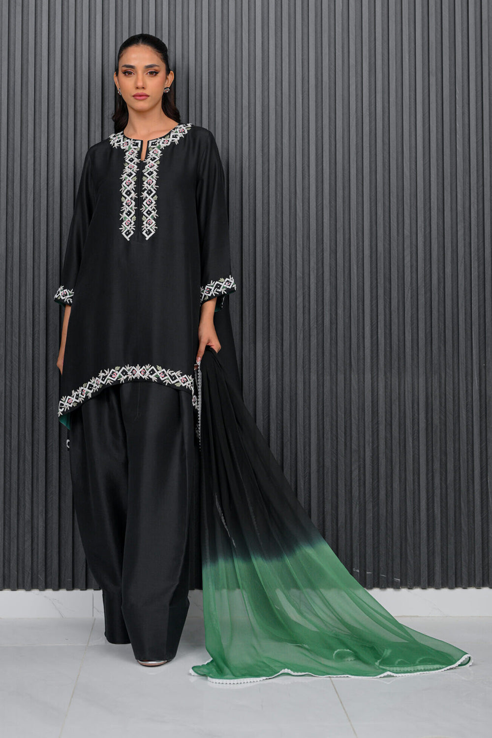 Black and Green Embroidered Farshi Suit Set