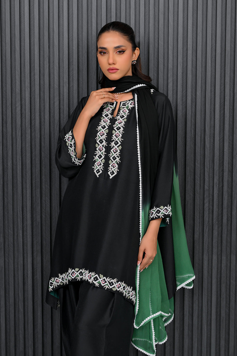 Black and Green Embroidered Farshi Suit Set