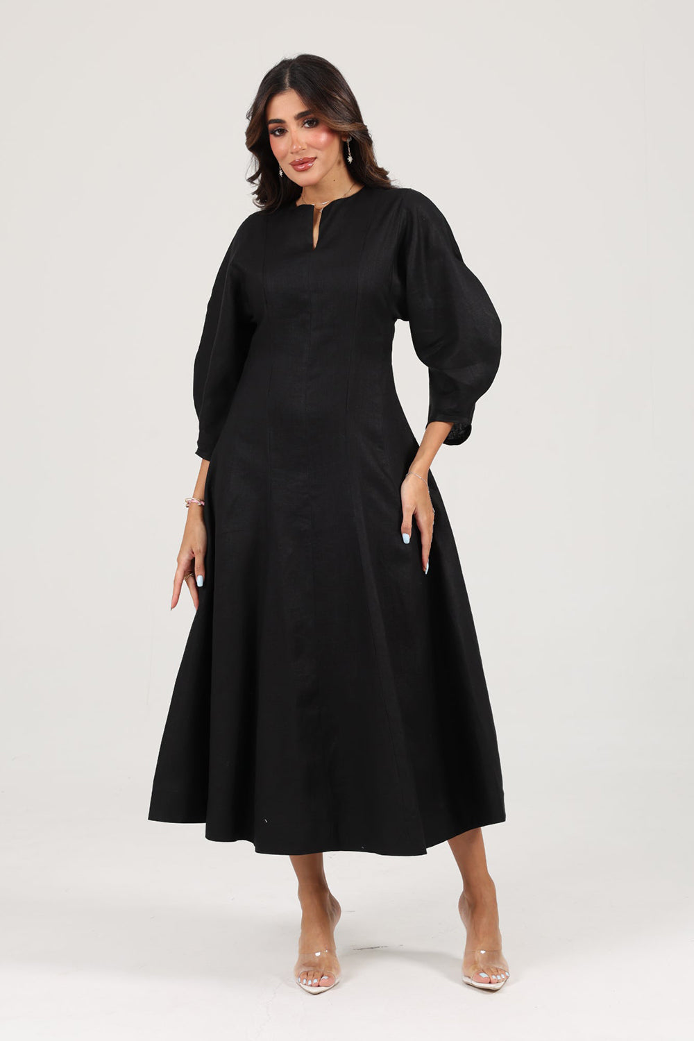 Black Linen A-Line Midi Dress