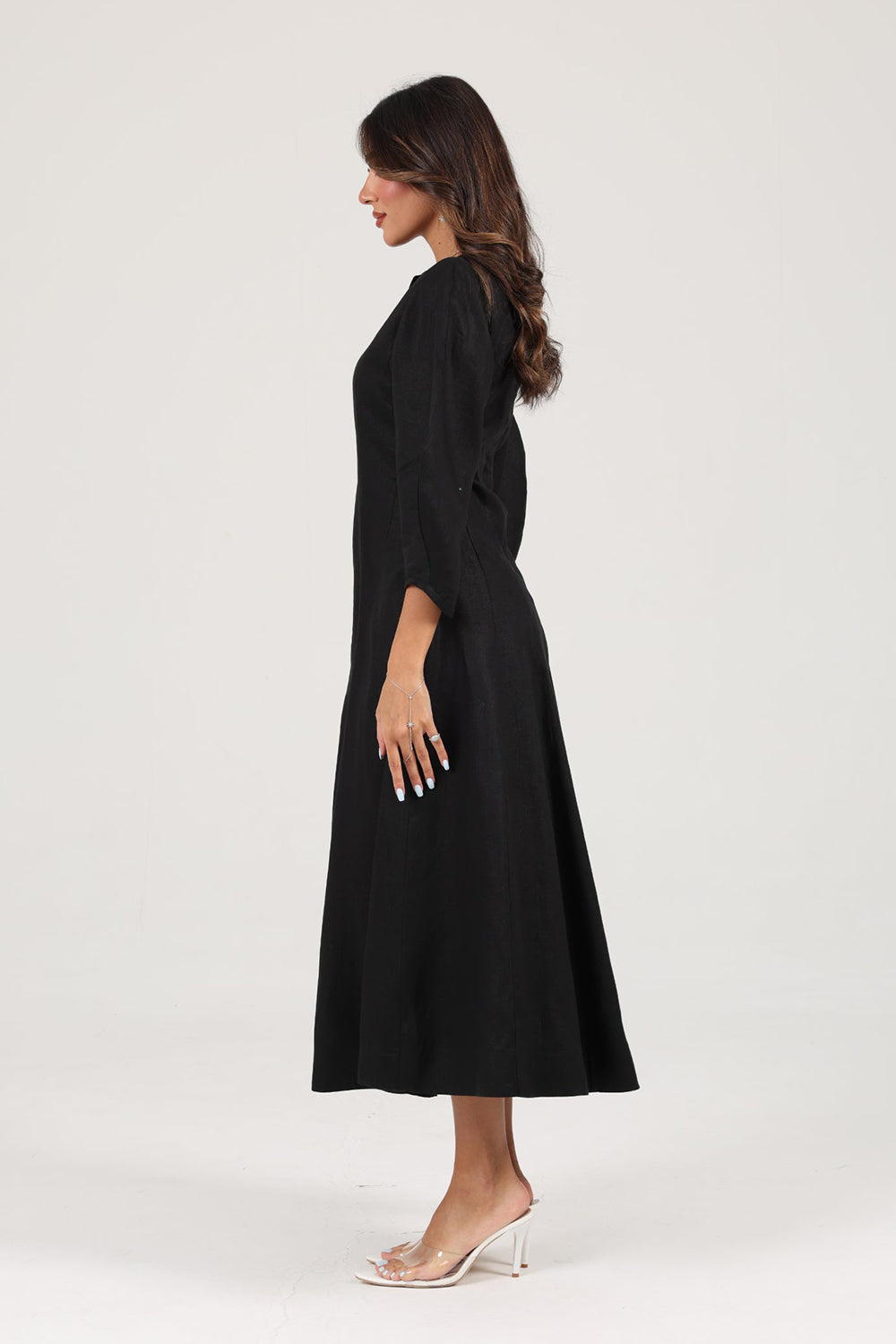 Black Linen A-Line Midi Dress