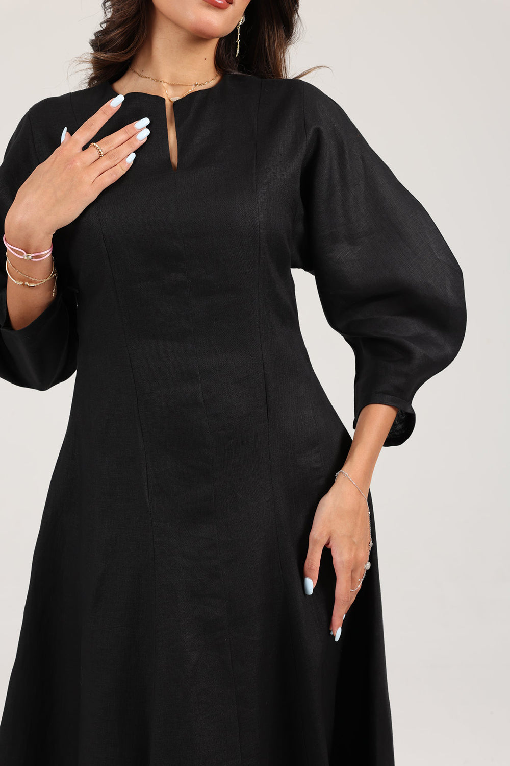 Black Linen A-Line Midi Dress