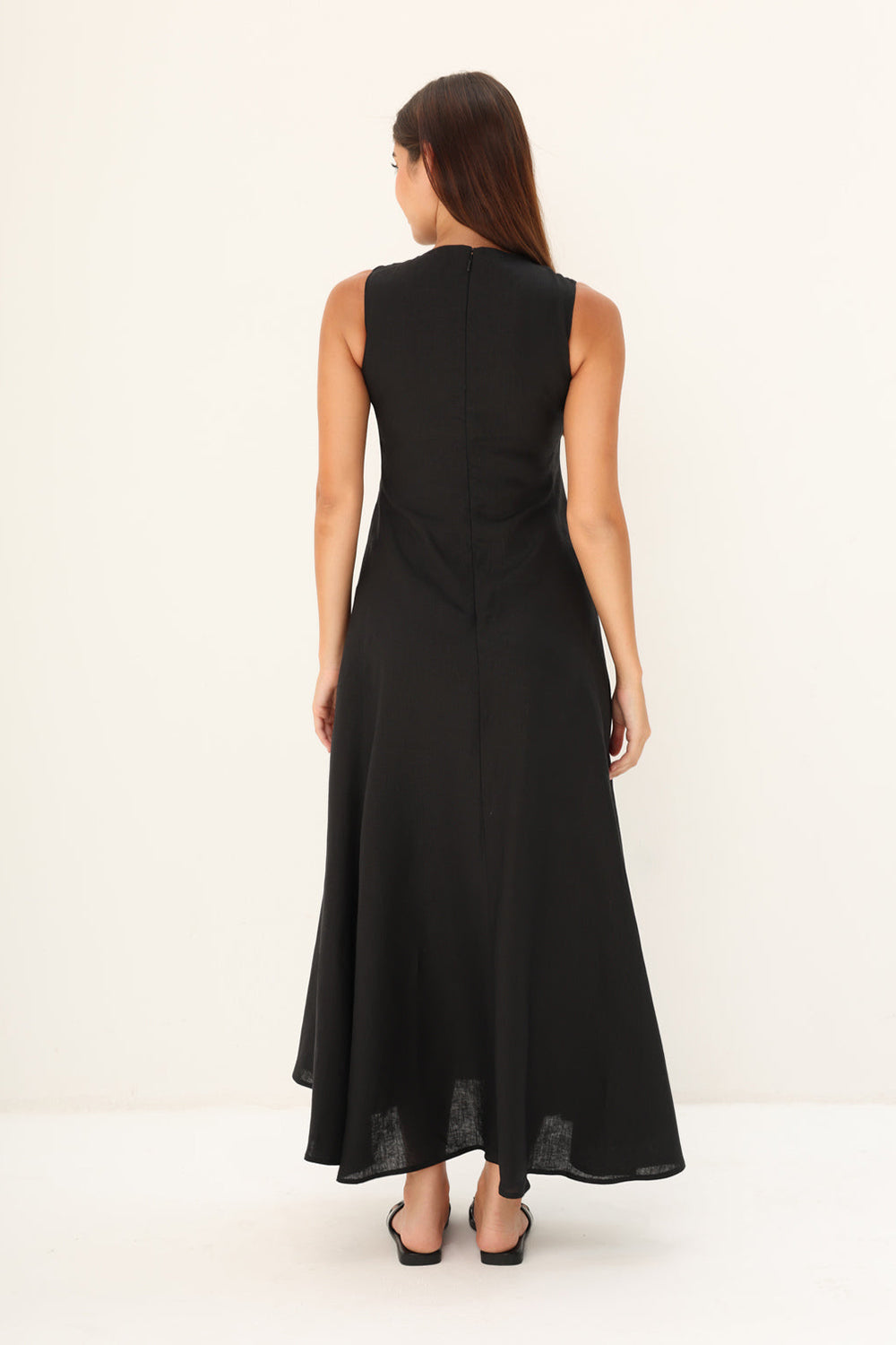 Black Linen Sleeveless A-Line Midi Dress