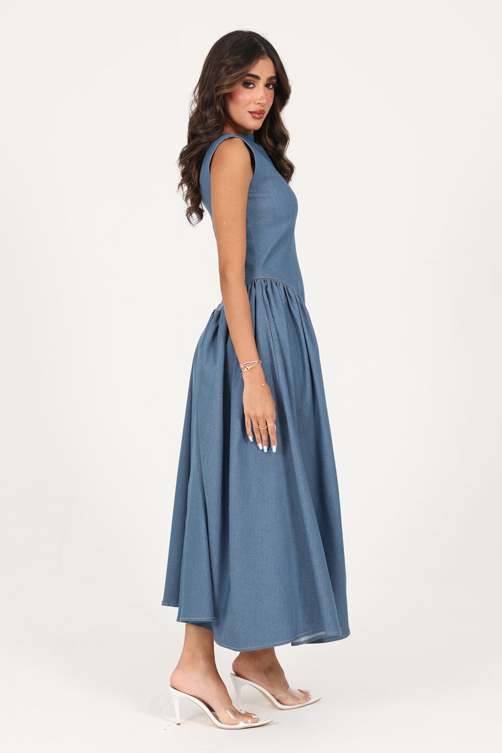 Blue Structured Denim Midi Dress