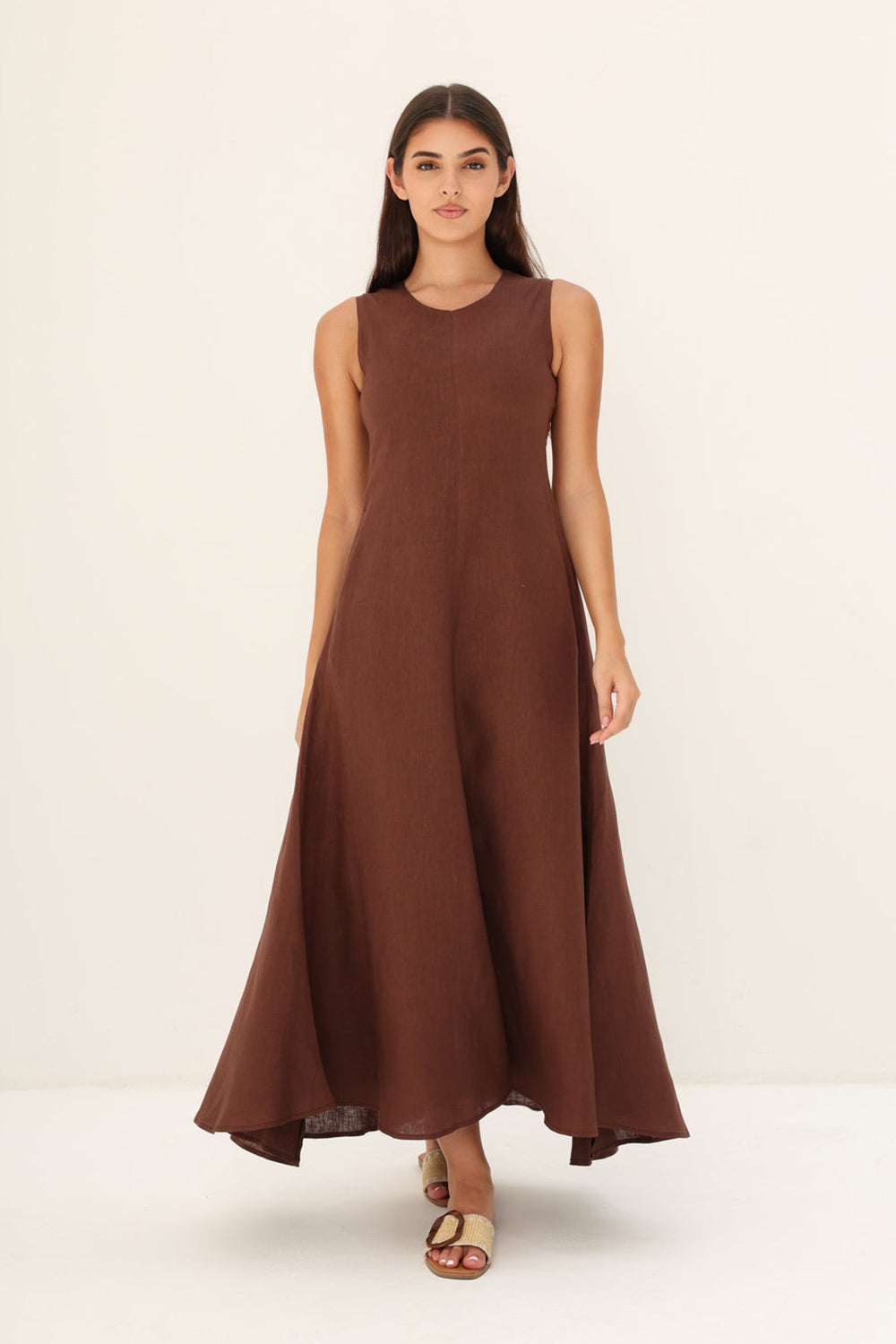 Brown Linen A-Line Maxi Dress