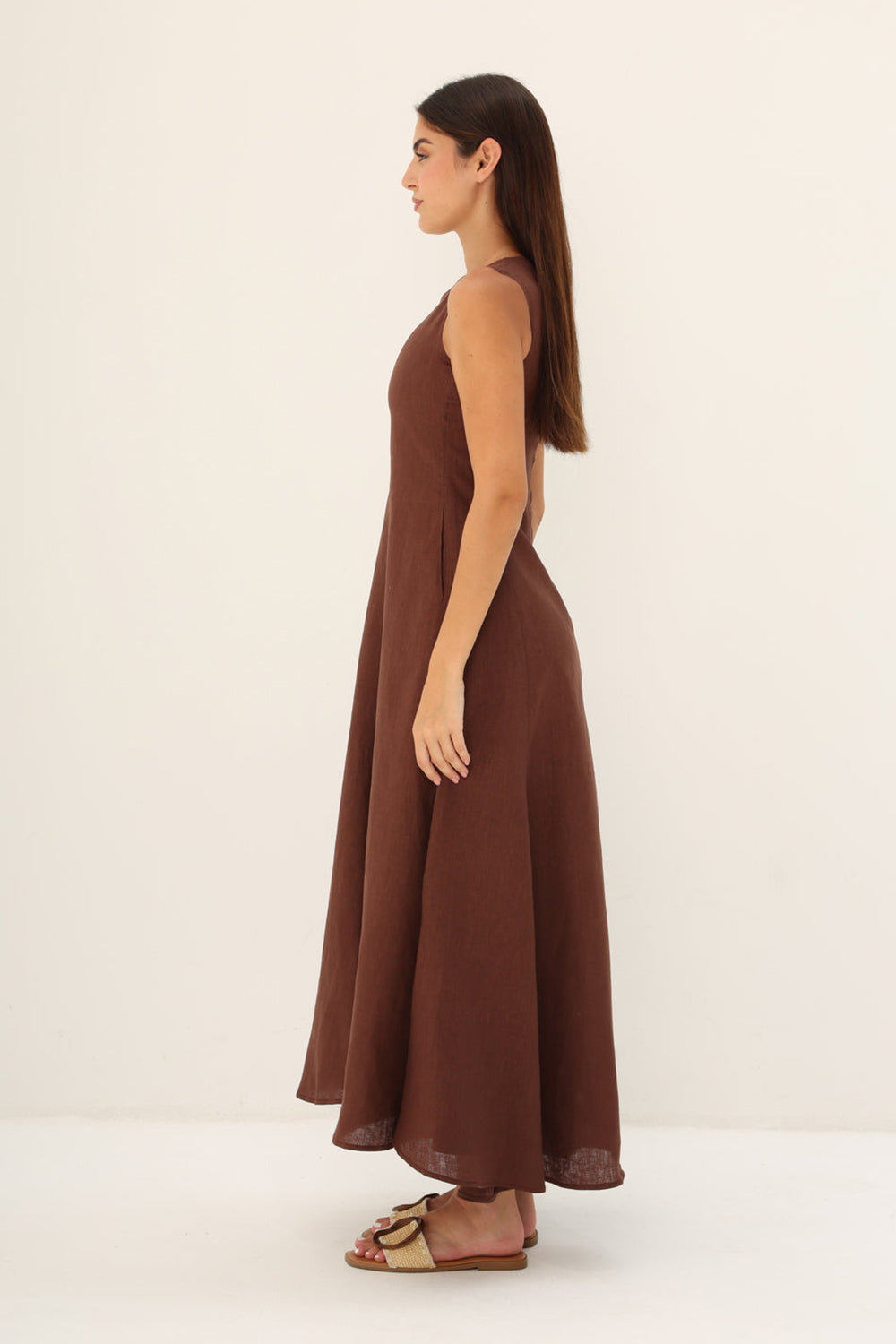 Brown Linen A-Line Maxi Dress