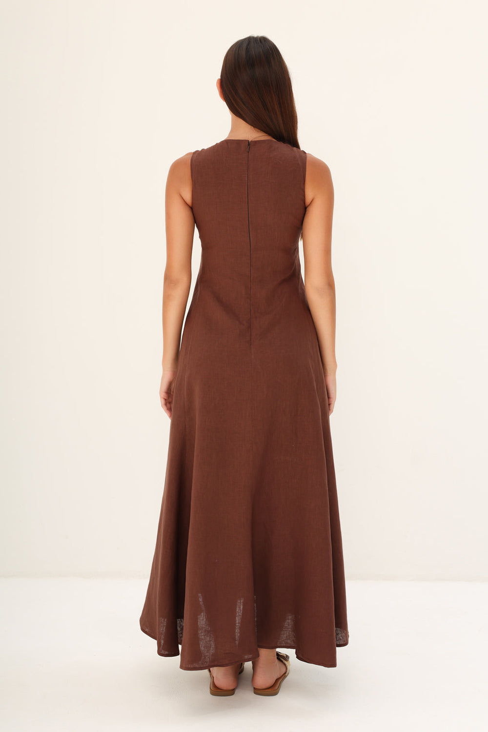 Brown Linen A-Line Maxi Dress