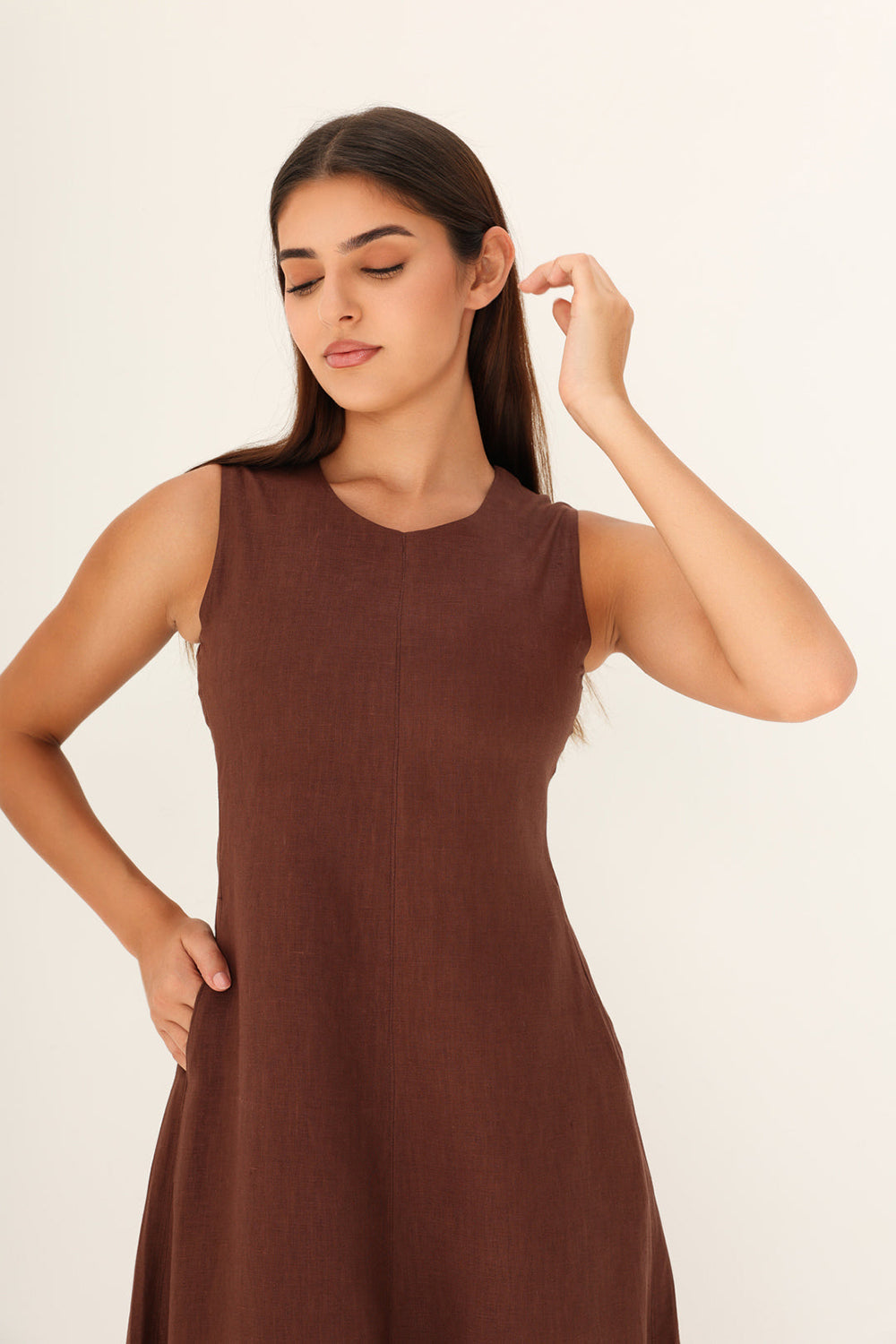 Brown Linen A-Line Maxi Dress
