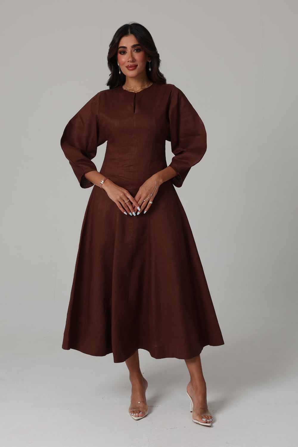 Brown Linen A-Line Midi Dress