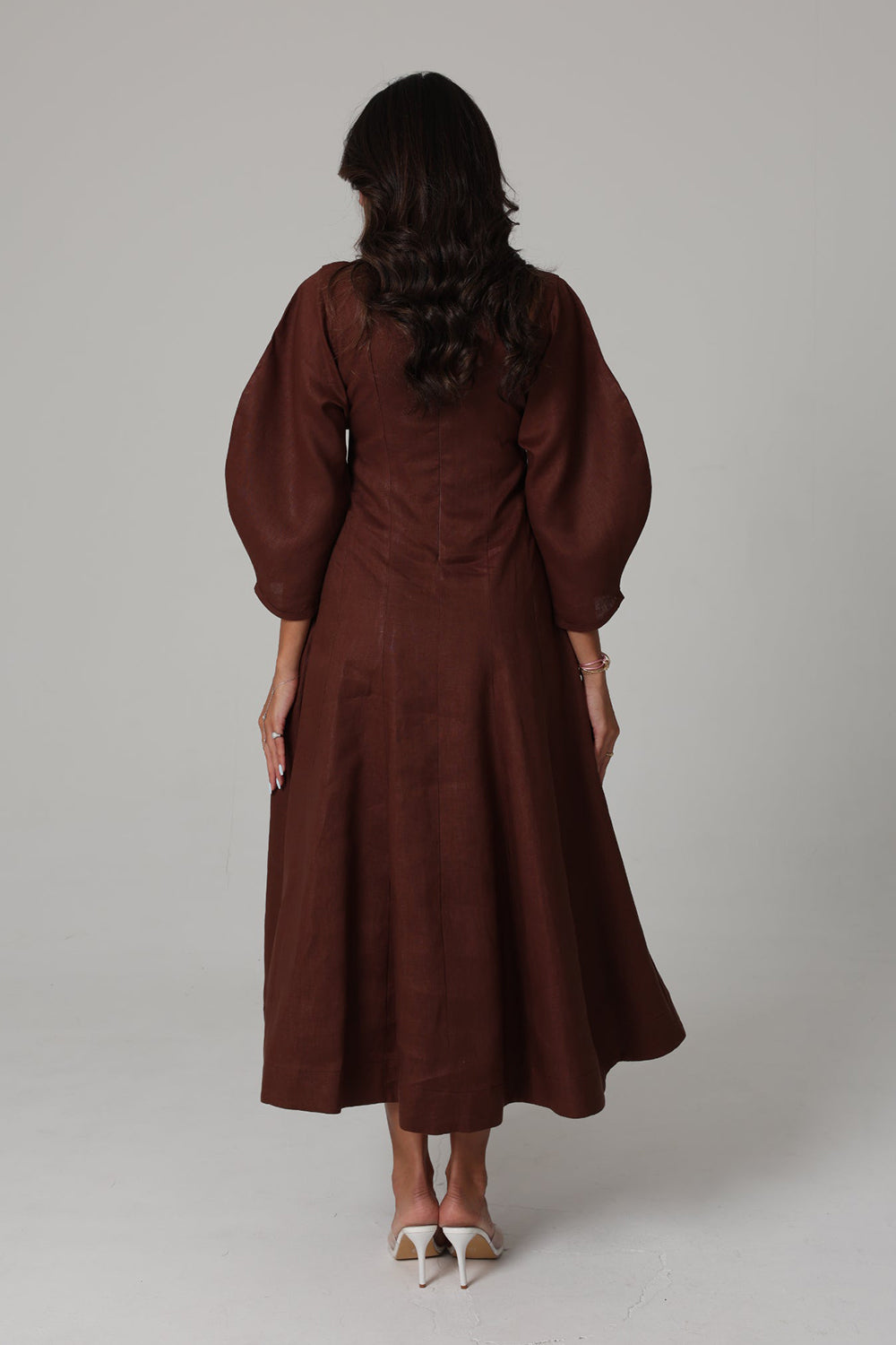 Brown Linen A-Line Midi Dress