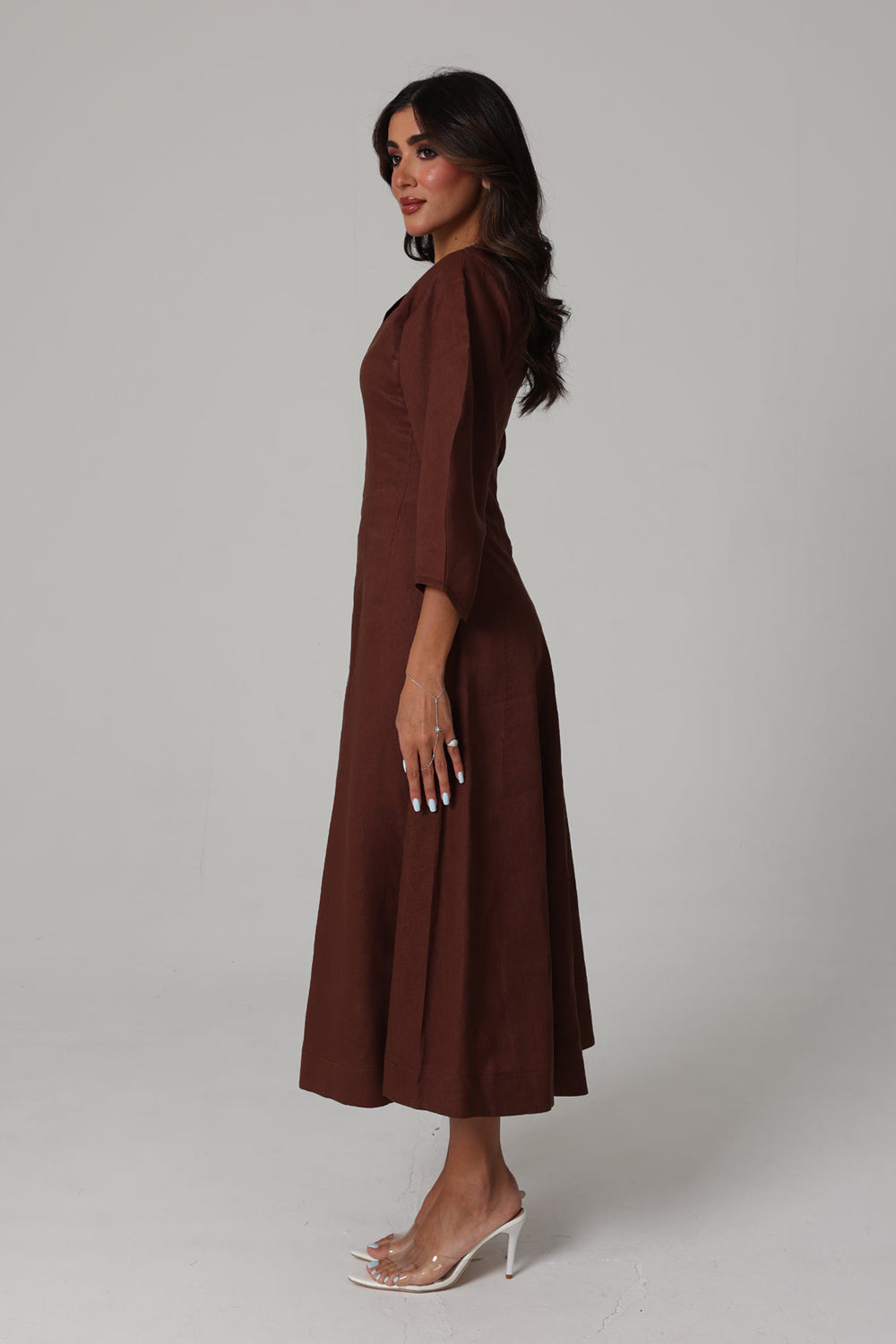 Brown Linen A-Line Midi Dress