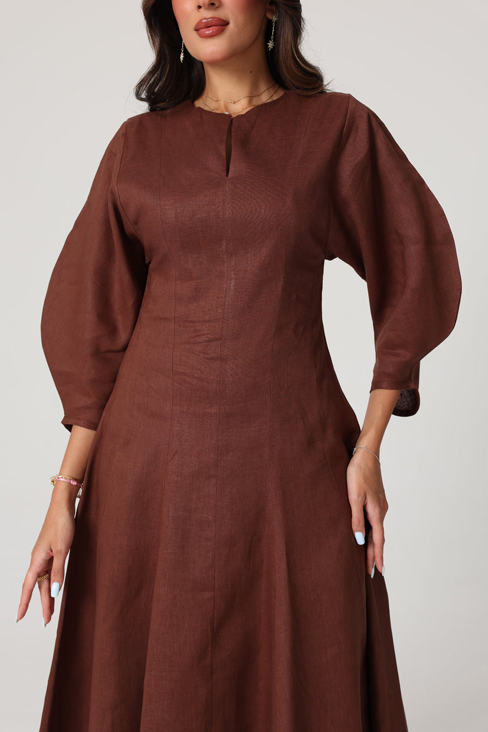 Brown Linen A-Line Midi Dress