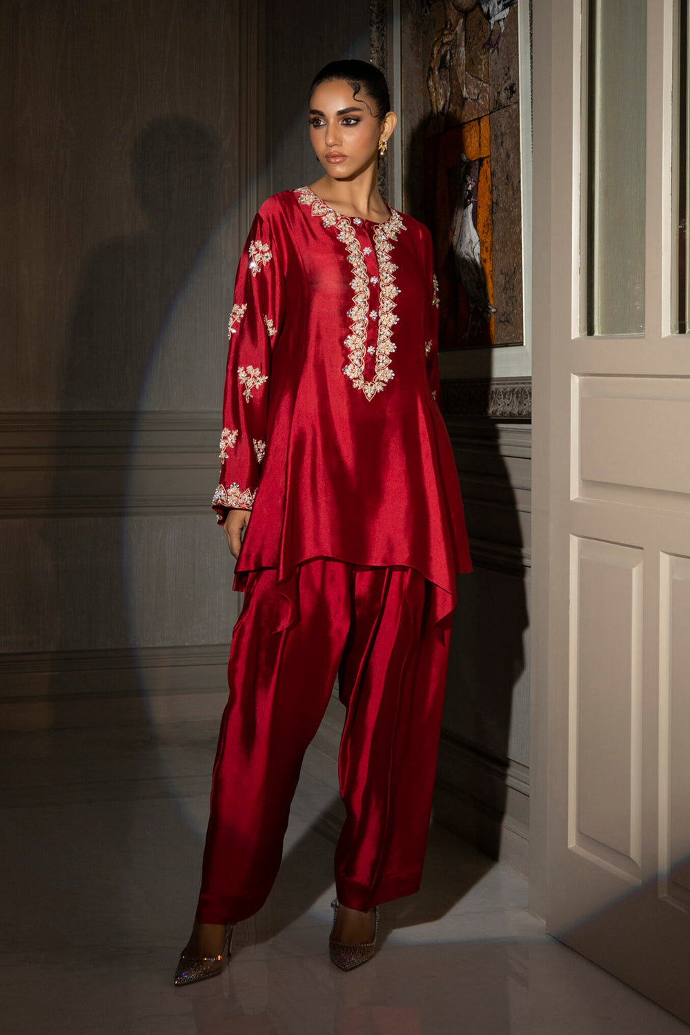 Crimson Silk Embroidered Kurta Set with Tulip Pants