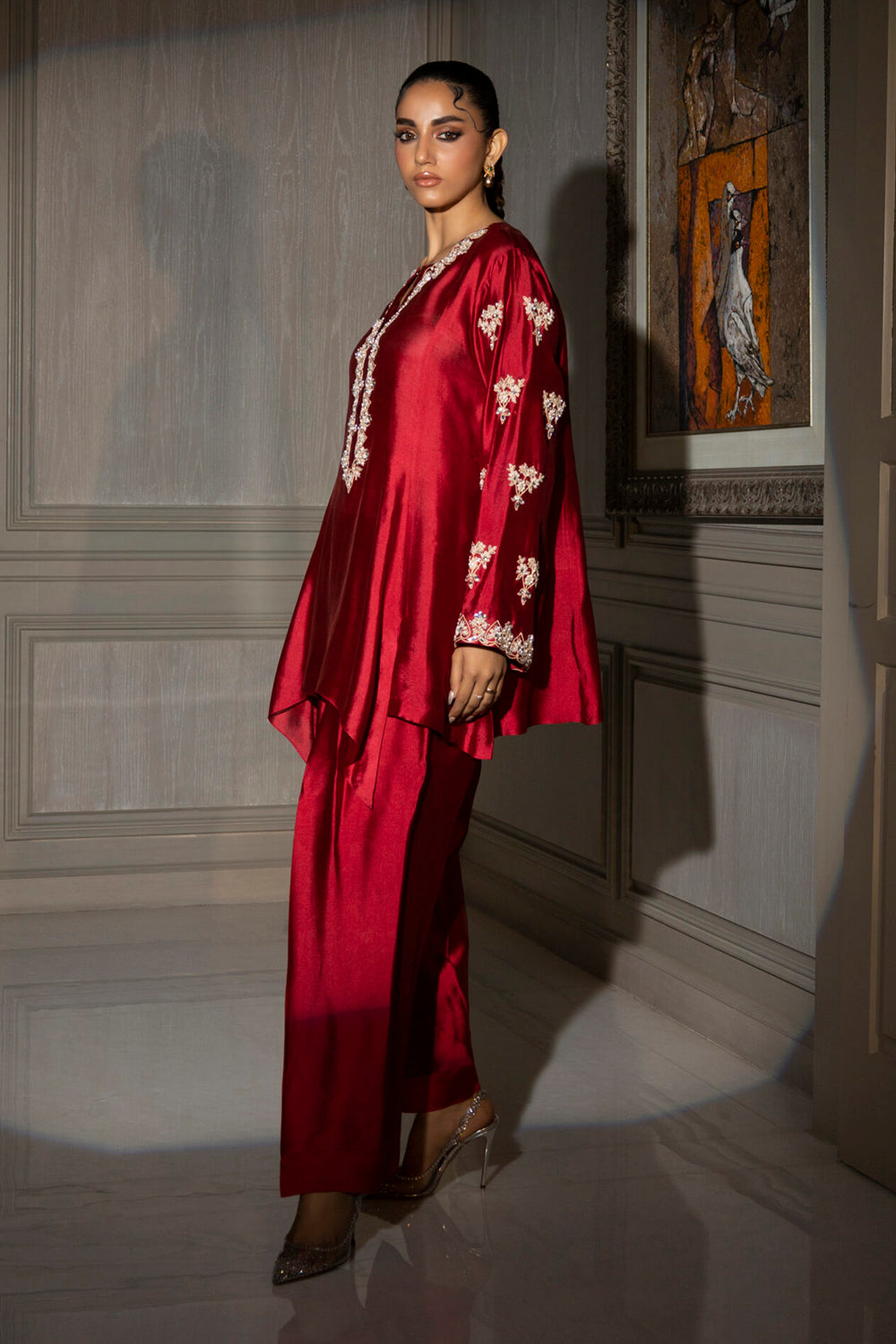 Crimson Silk Embroidered Kurta Set with Tulip Pants