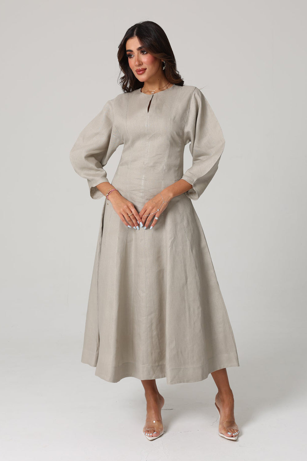 Grey Linen A-Line Midi Dress