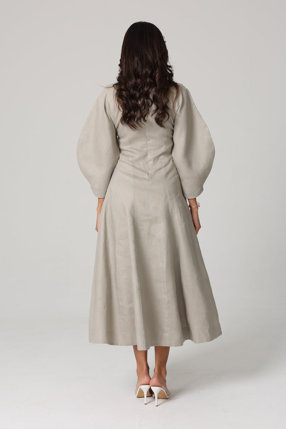 Grey Linen A-Line Midi Dress