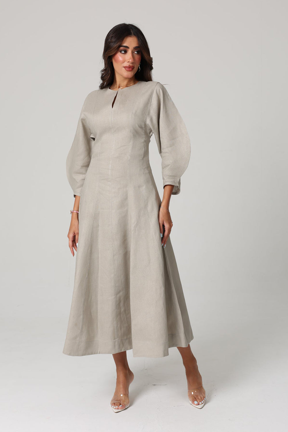 Grey Linen A-Line Midi Dress