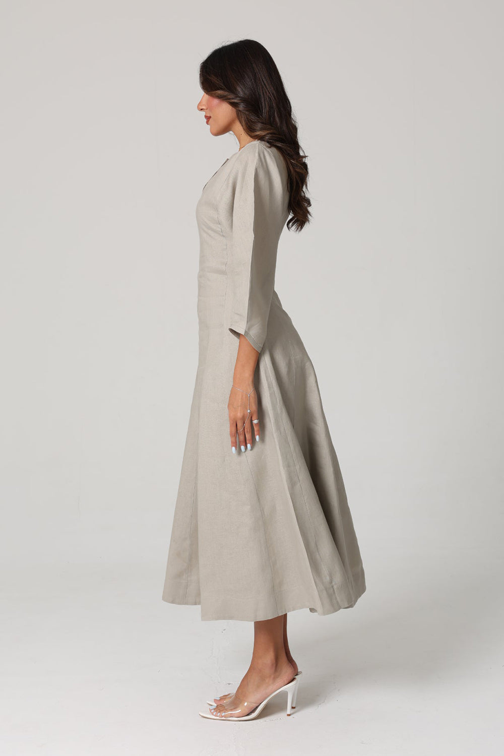 Grey Linen A-Line Midi Dress