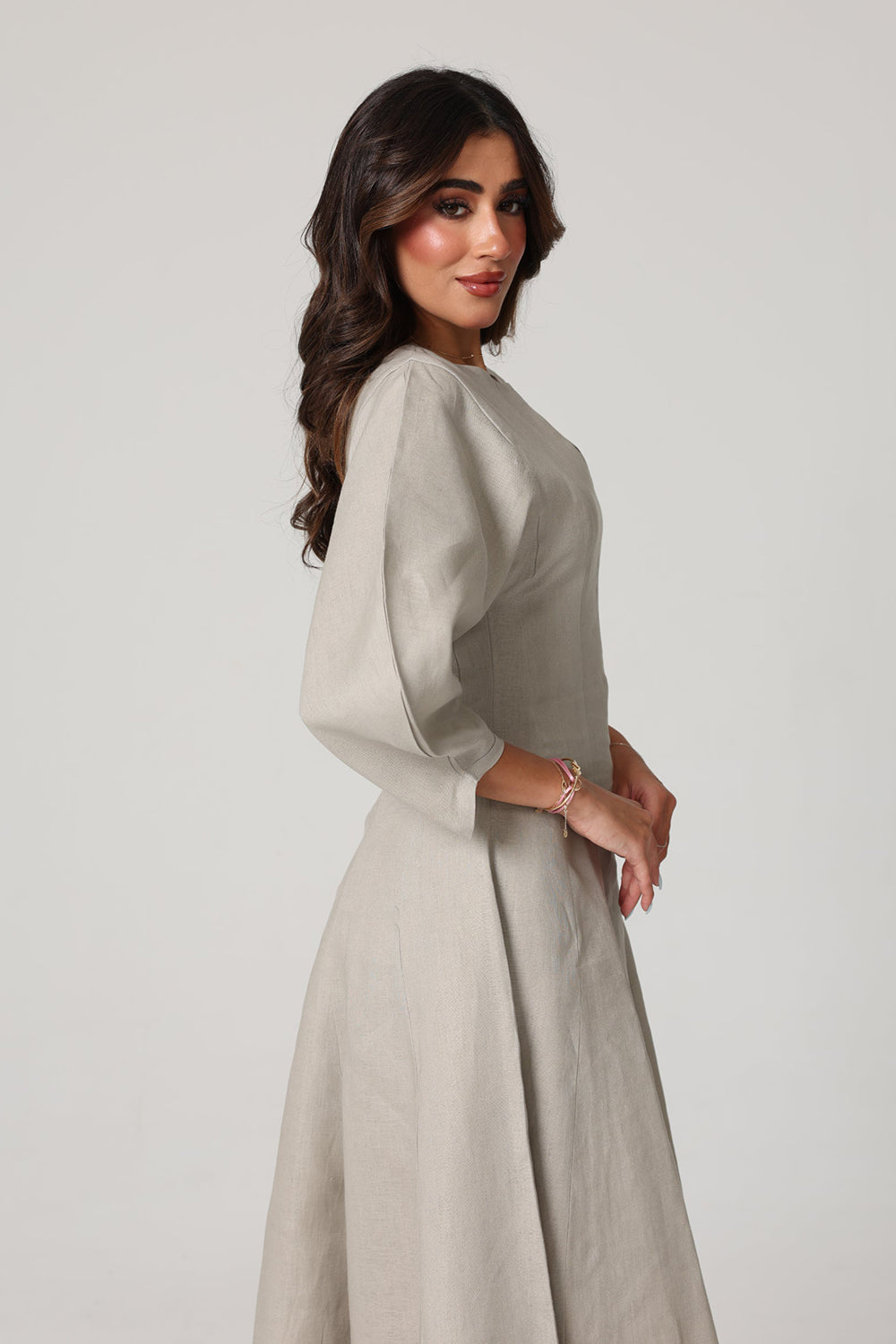 Grey Linen A-Line Midi Dress