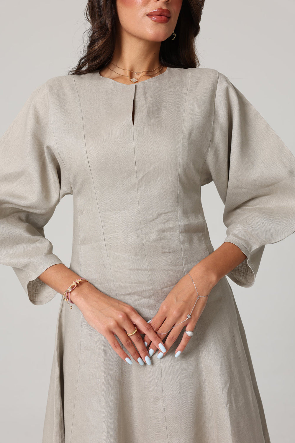 Grey Linen A-Line Midi Dress