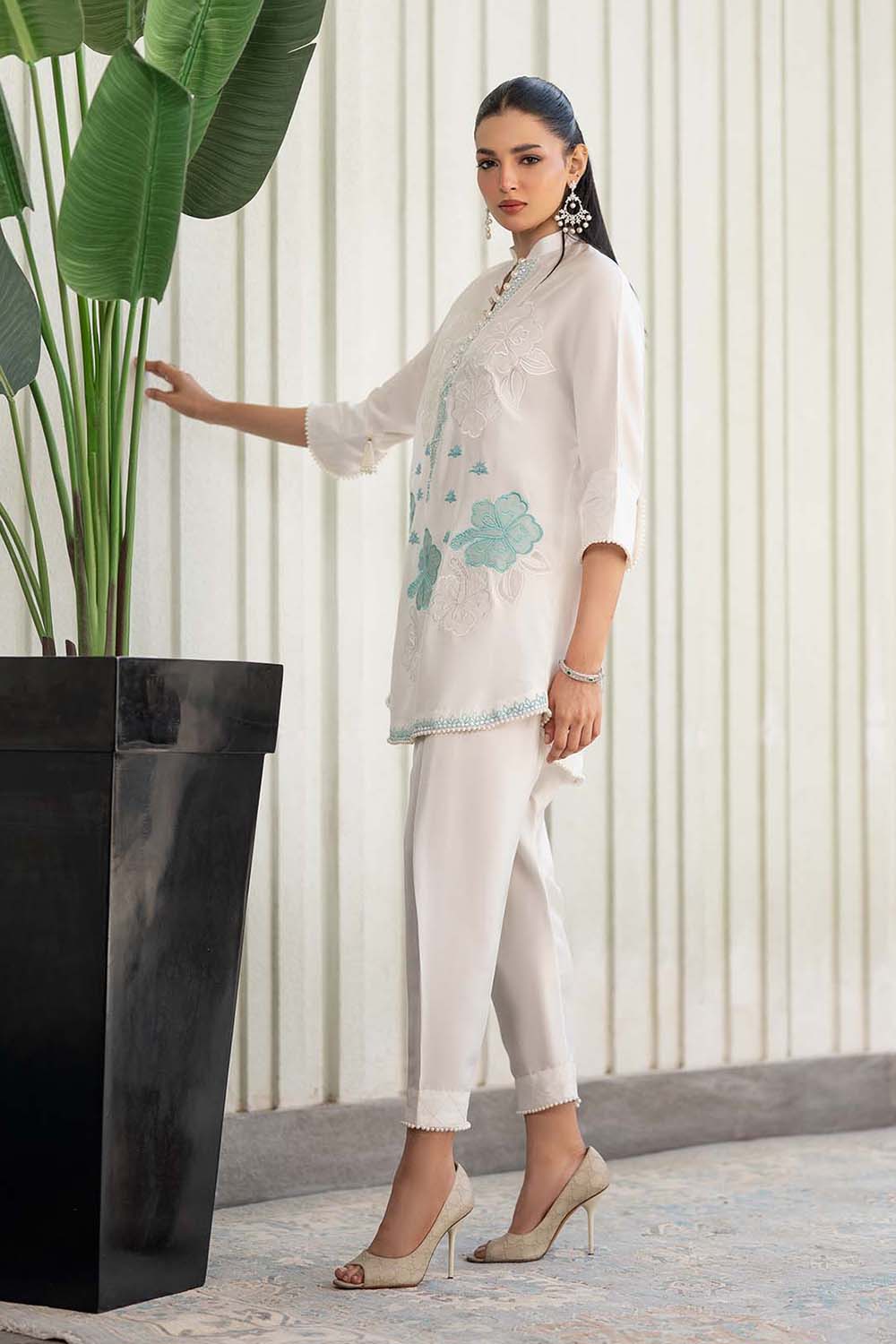 Ivory Aqua Embroidered Suit Set with Tulip Pants