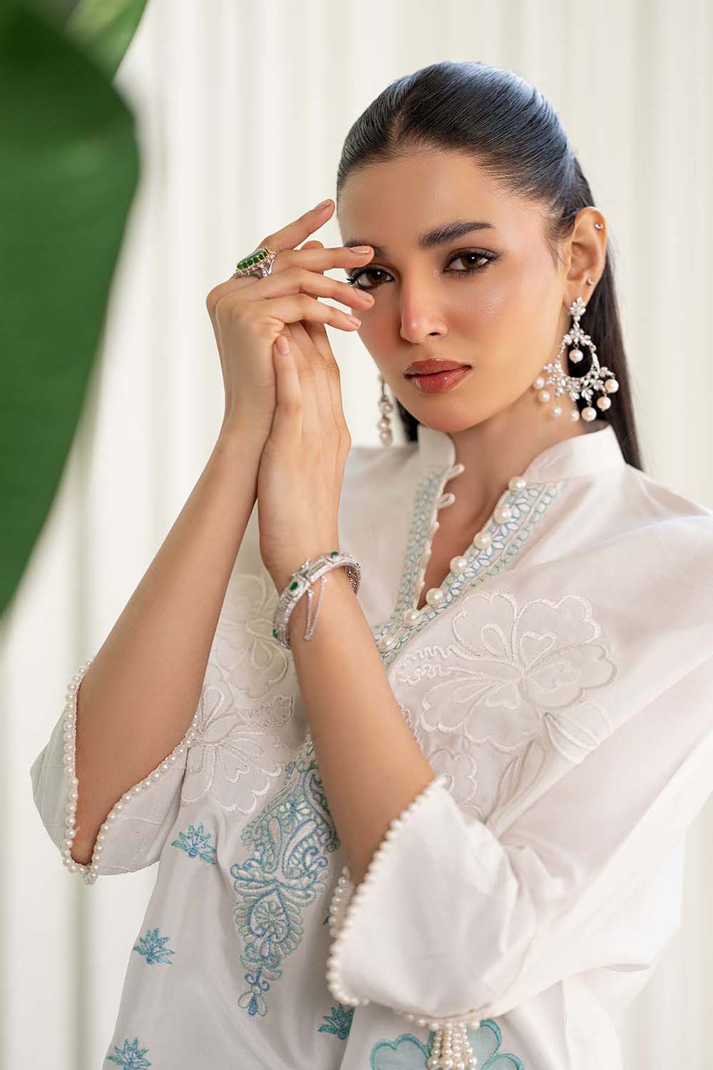 Ivory Aqua Embroidered Suit Set with Tulip Pants