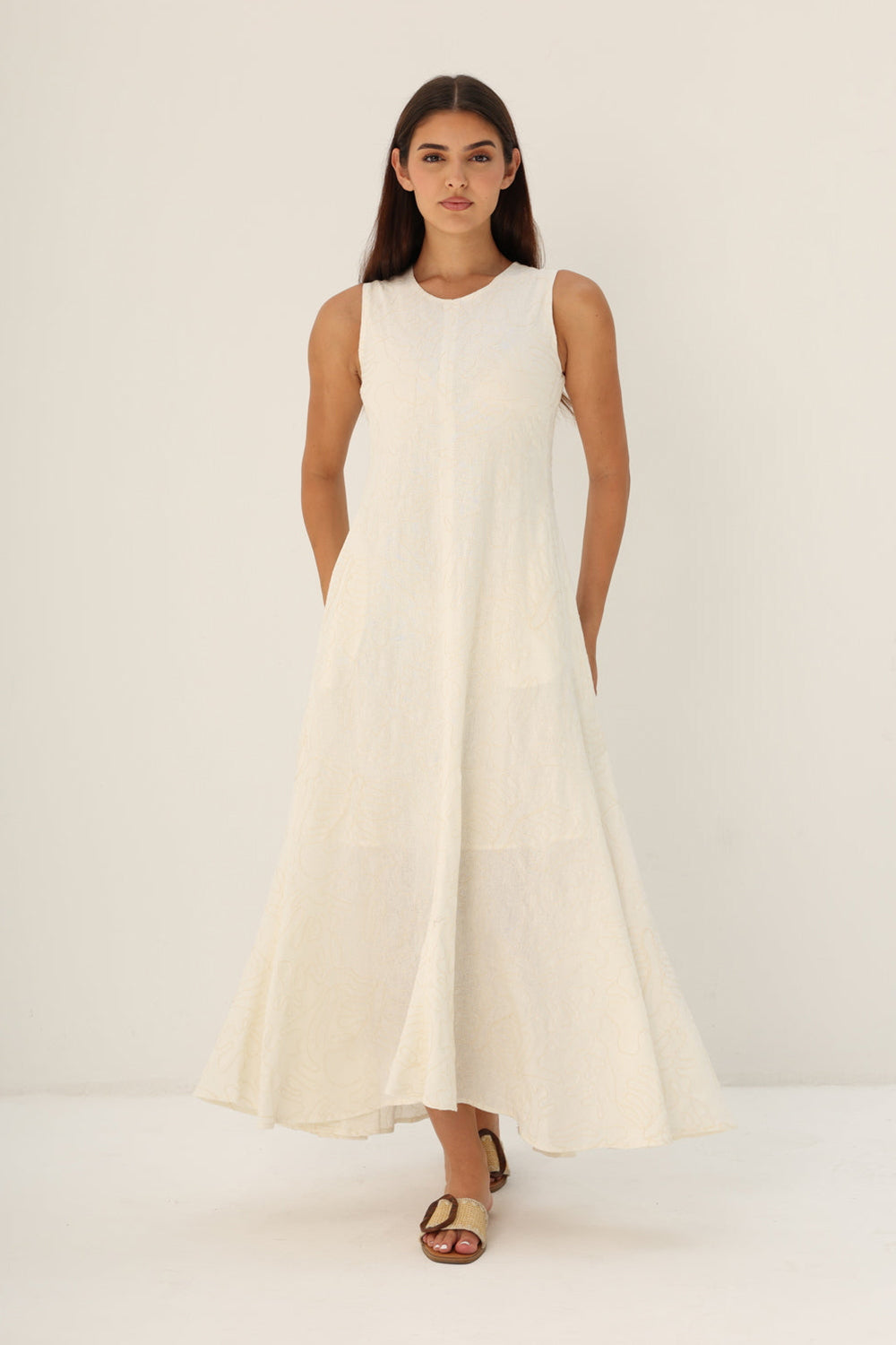 Ivory Embroidered Linen A-Line Midi Dress