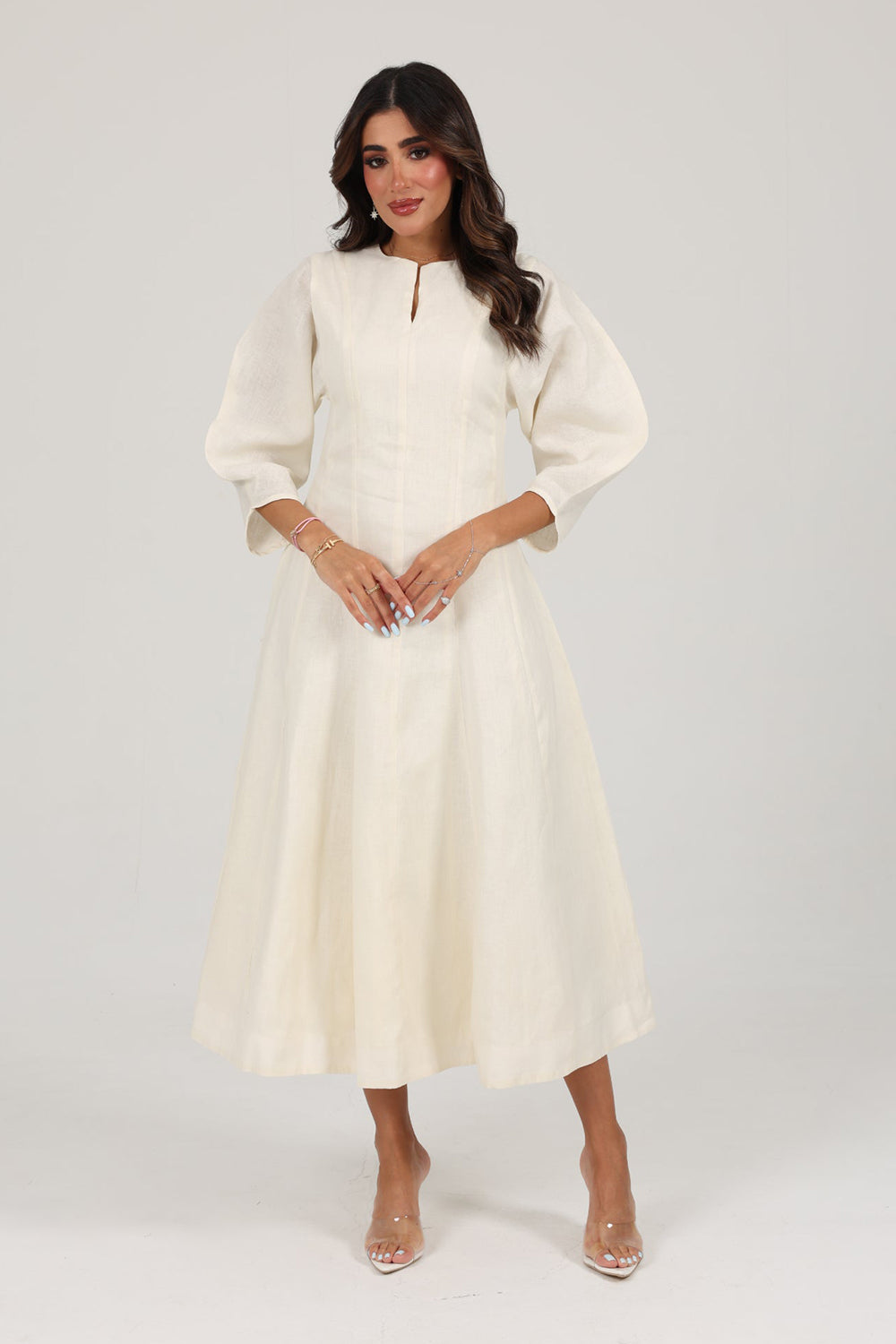 Ivory Linen A-Line Midi Dress