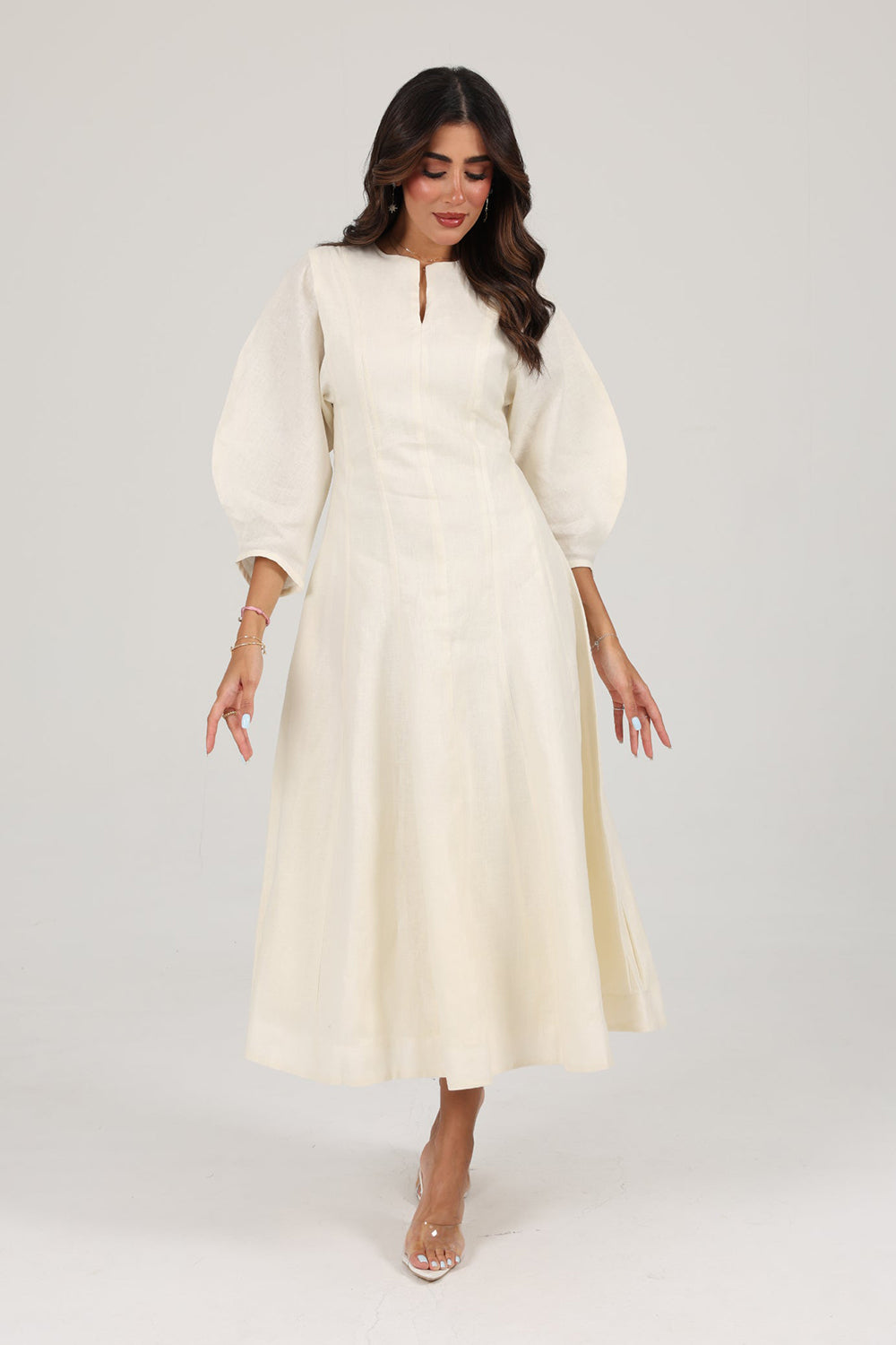 Ivory Linen A-Line Midi Dress