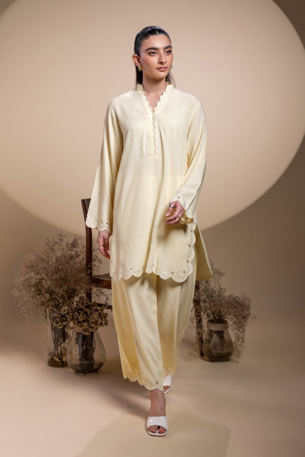 Lemon Yellow Scallop Detail Kurta Set