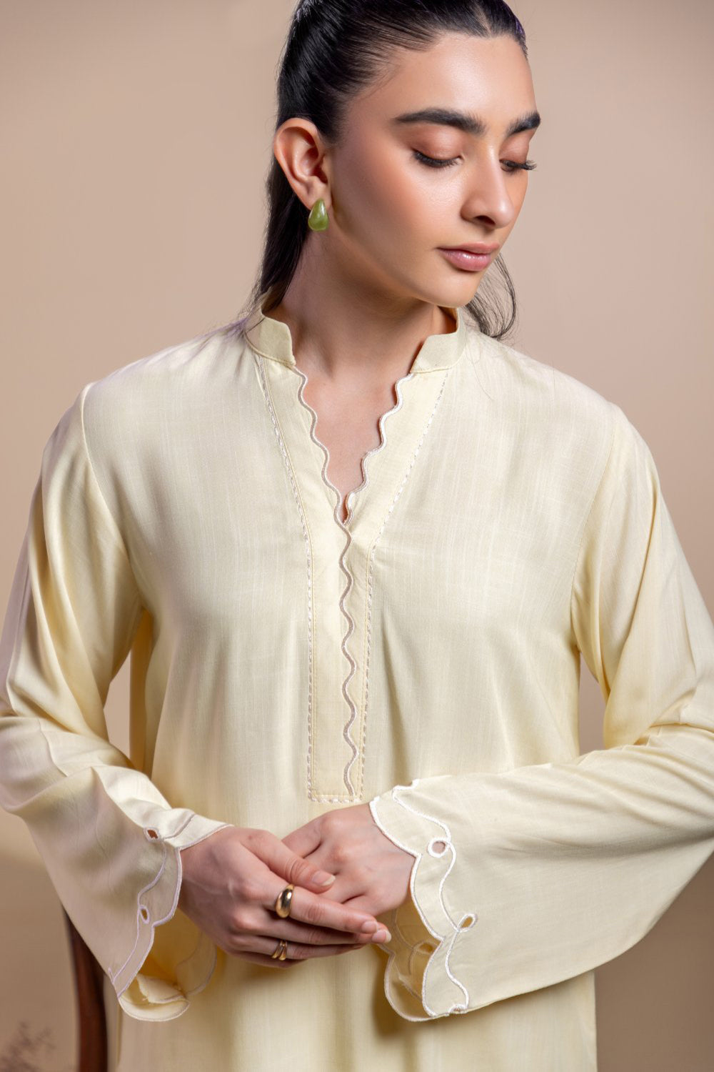Lemon Yellow Scallop Detail Kurta Set