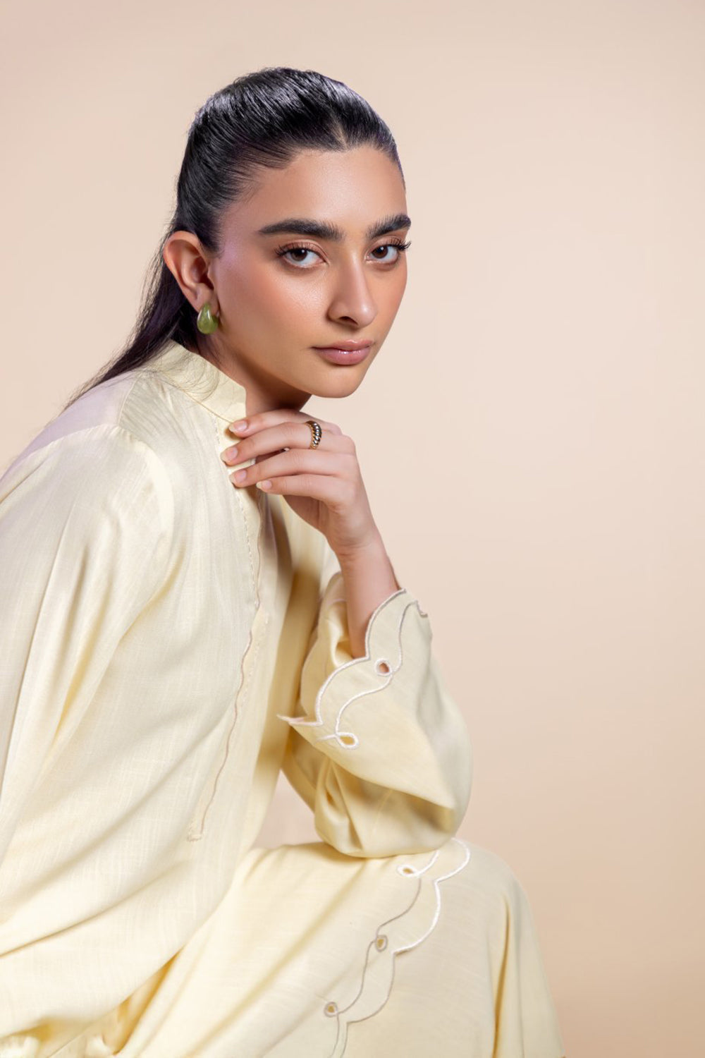 Lemon Yellow Scallop Detail Kurta Set