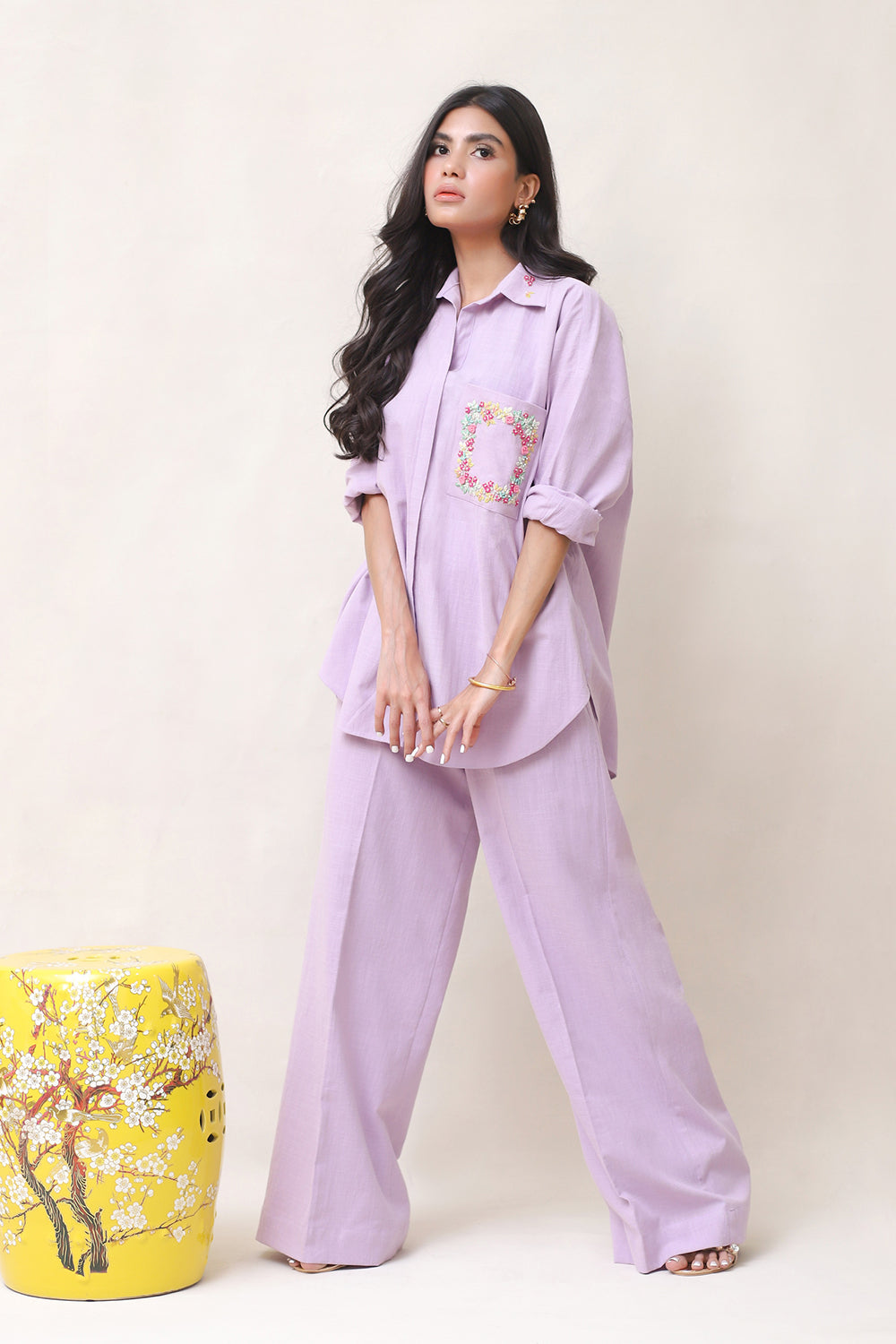 Lilac Linen Embroidered Co-ord Set