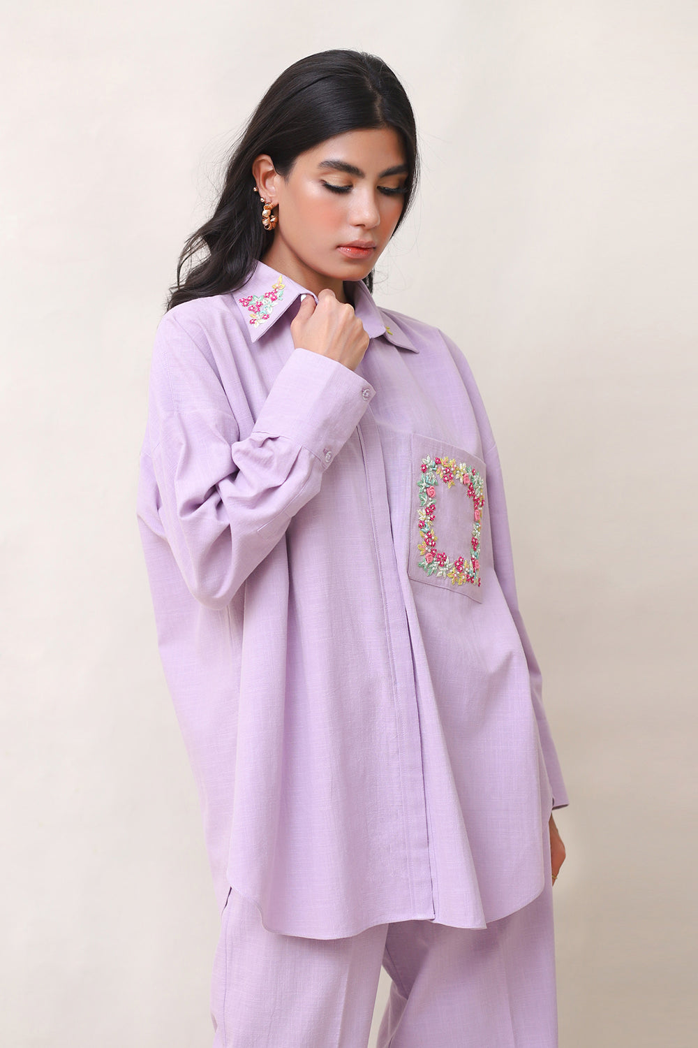 Lilac Linen Embroidered Co-ord Set