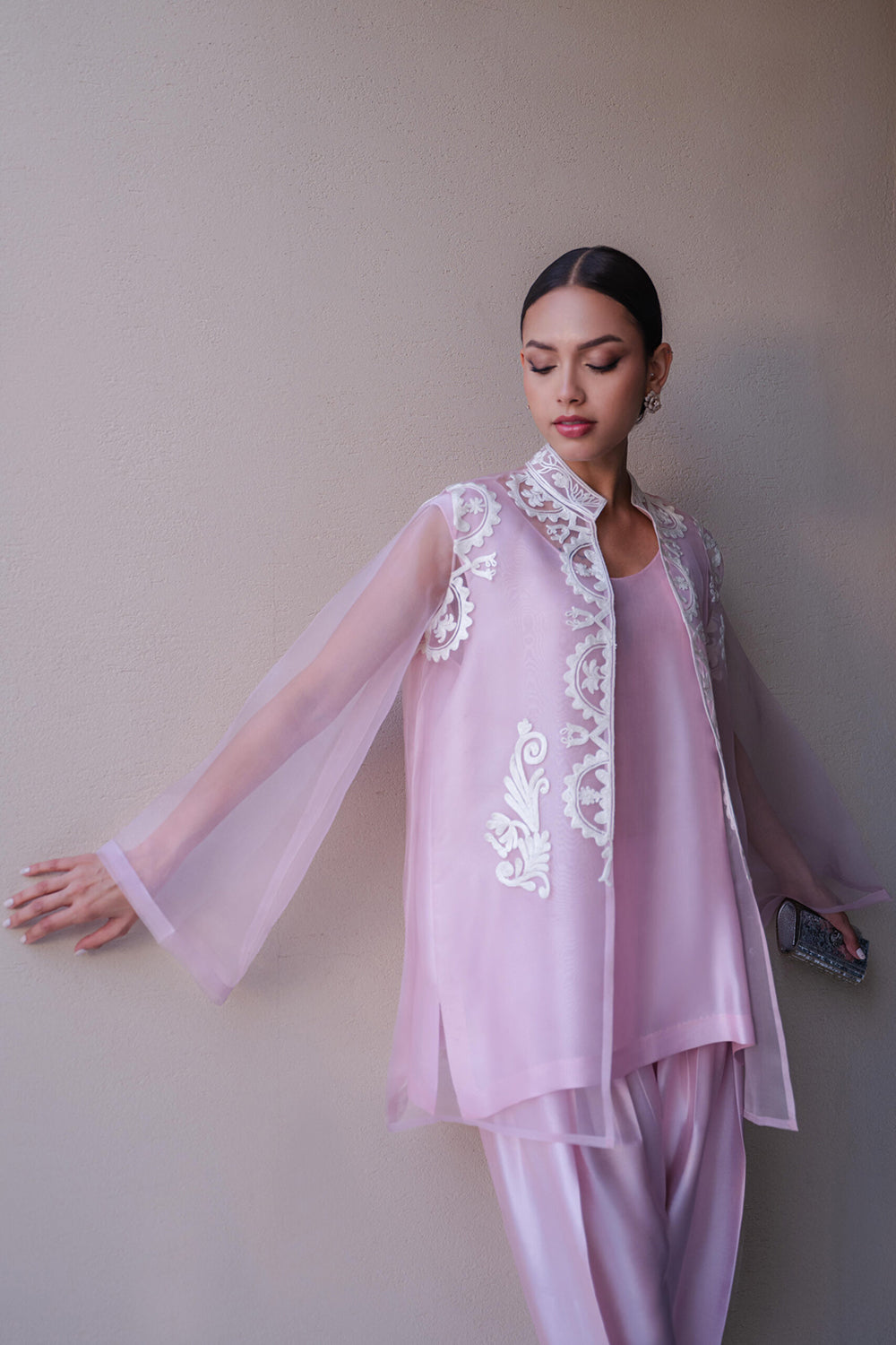 Lilac Organza Embroidered Kurta Set