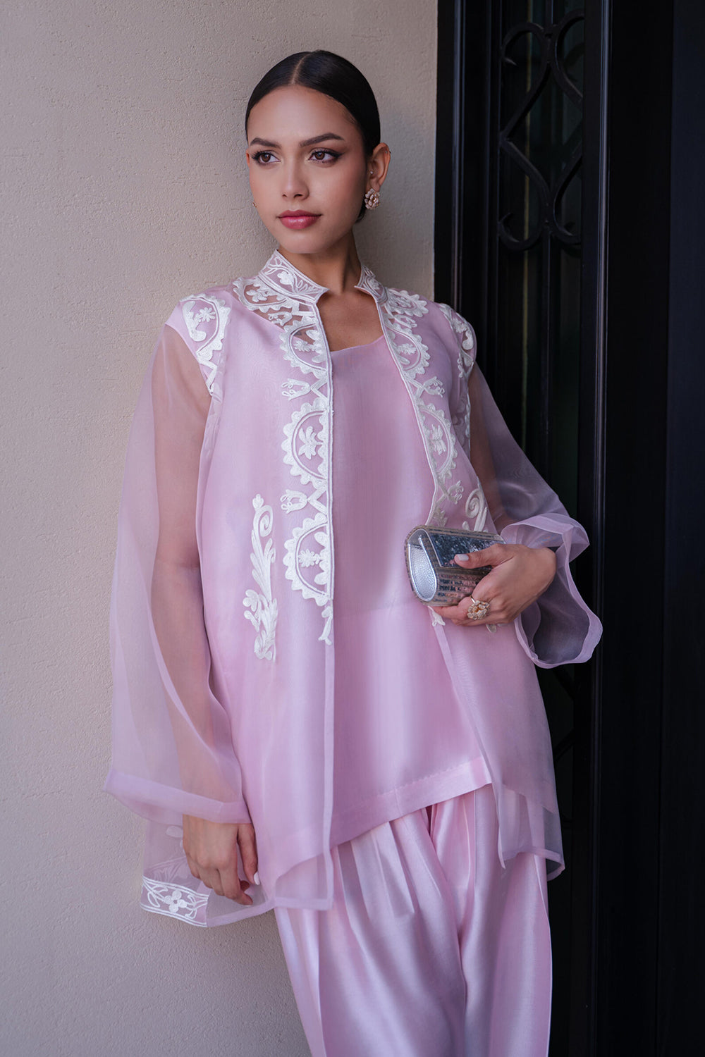 Lilac Organza Embroidered Kurta Set