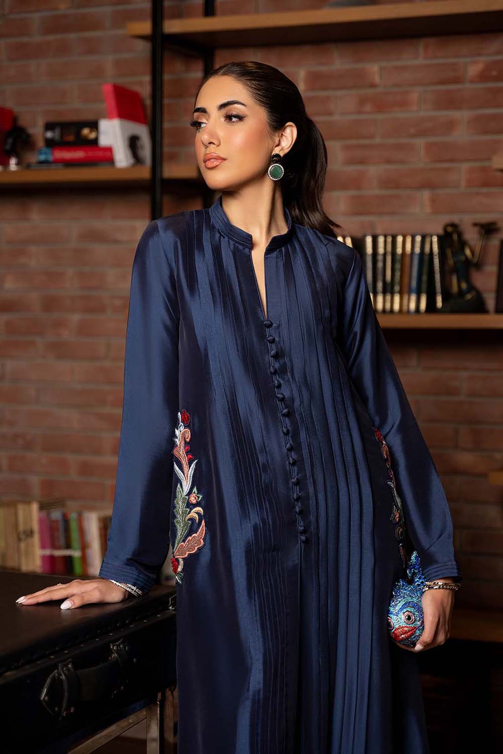 Midnight Blue Embroidered Panel Kurta Set