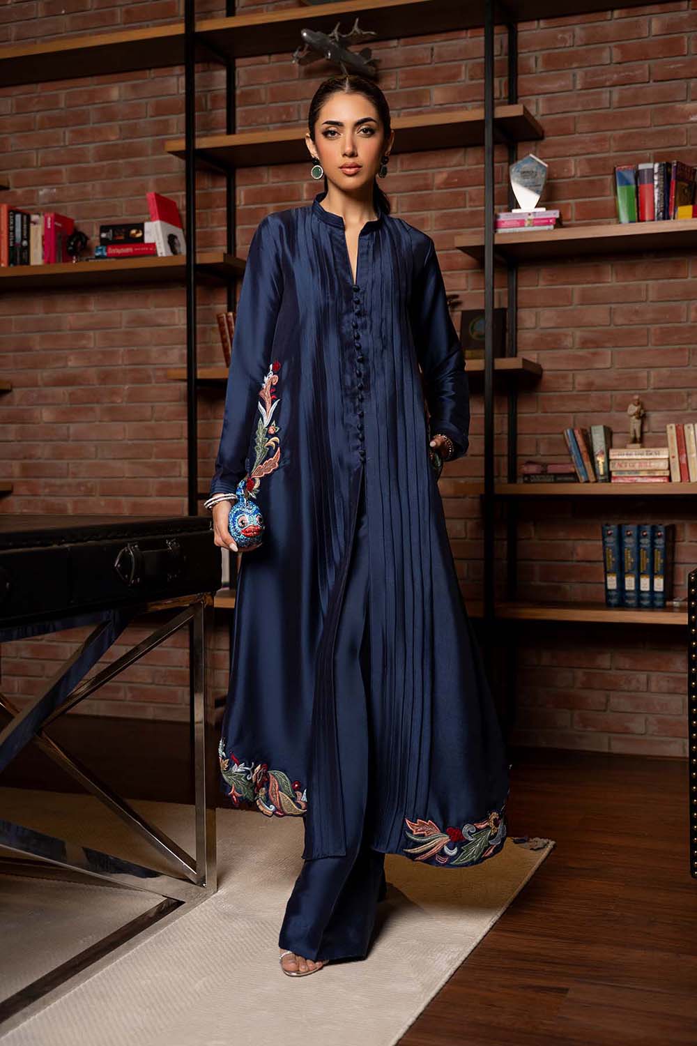 Midnight Navy Embroidered Pleated Kurta Set
