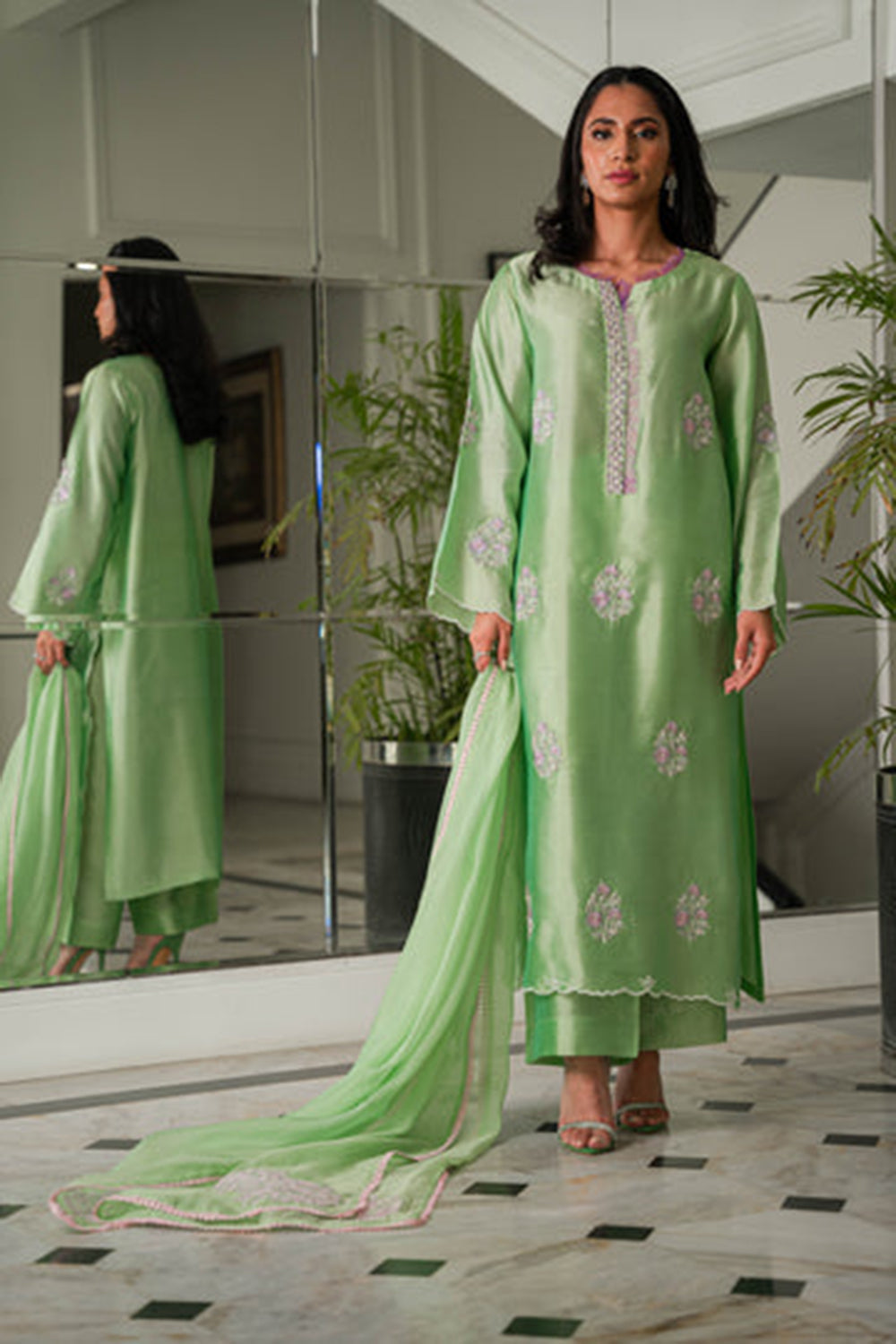 Mint Kurta Set with Organza Dupatta