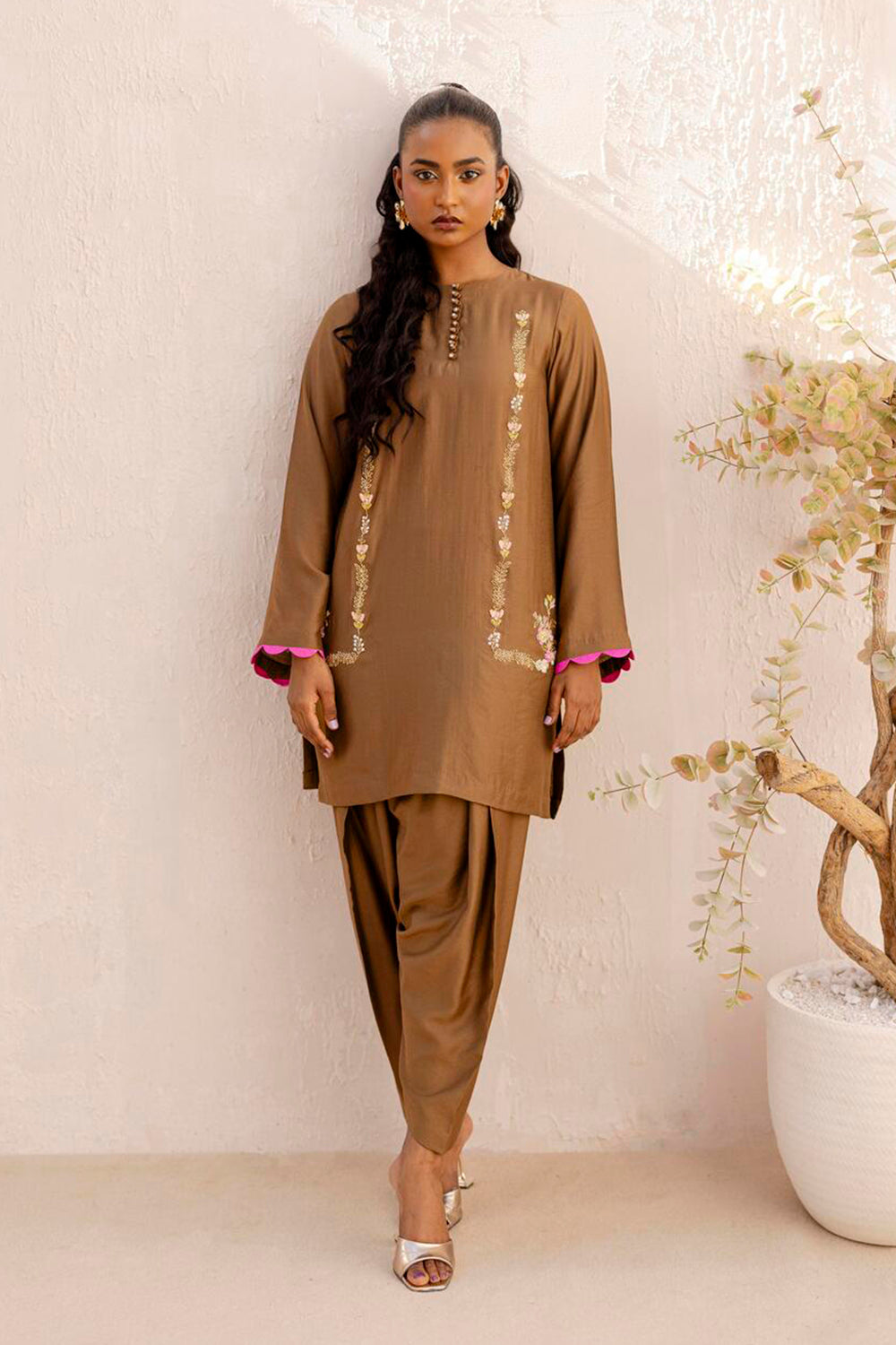 Mocha Embroidered Kurta Set with Tulip Pants