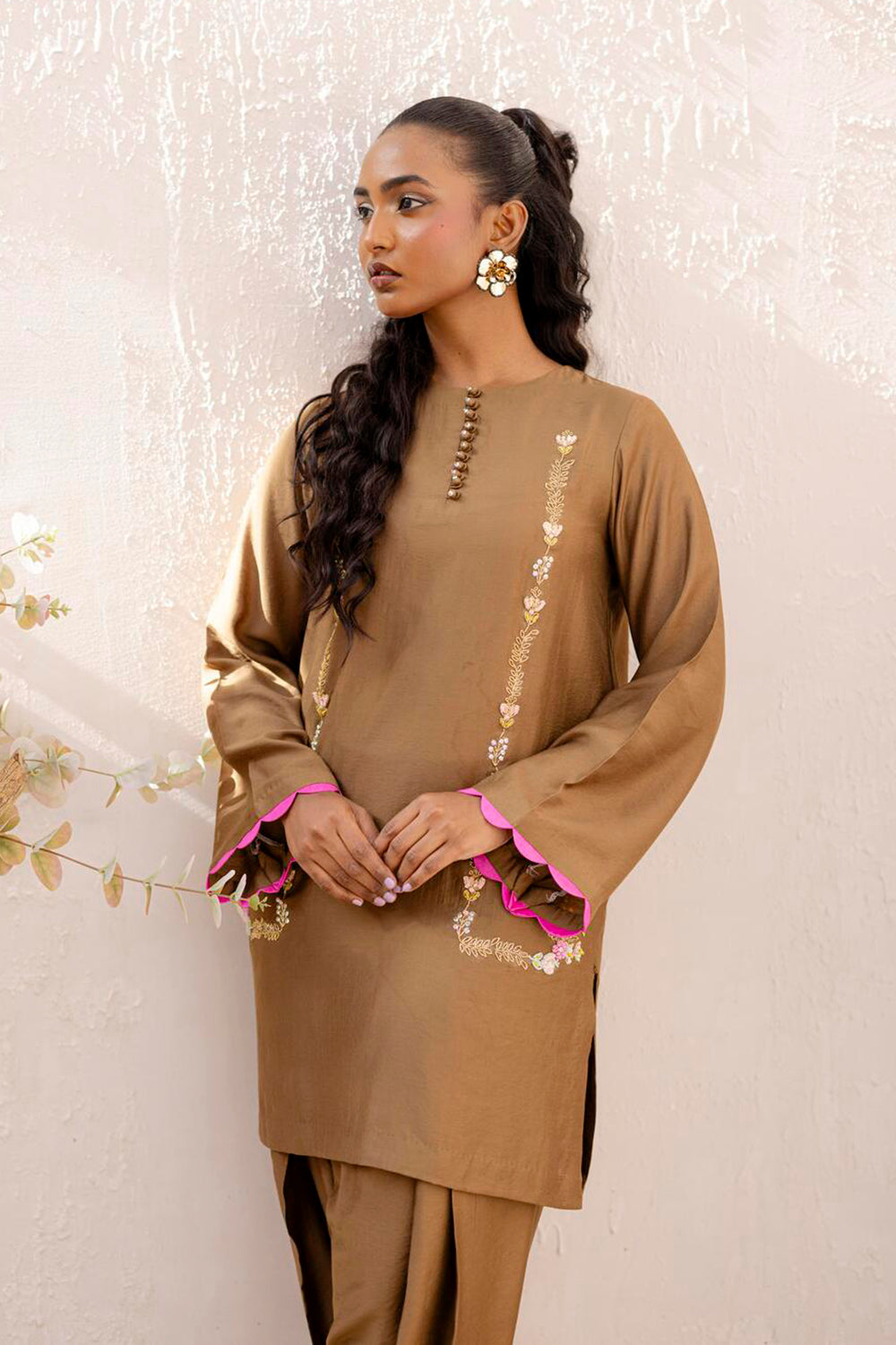 Mocha Embroidered Kurta Set with Tulip Pants