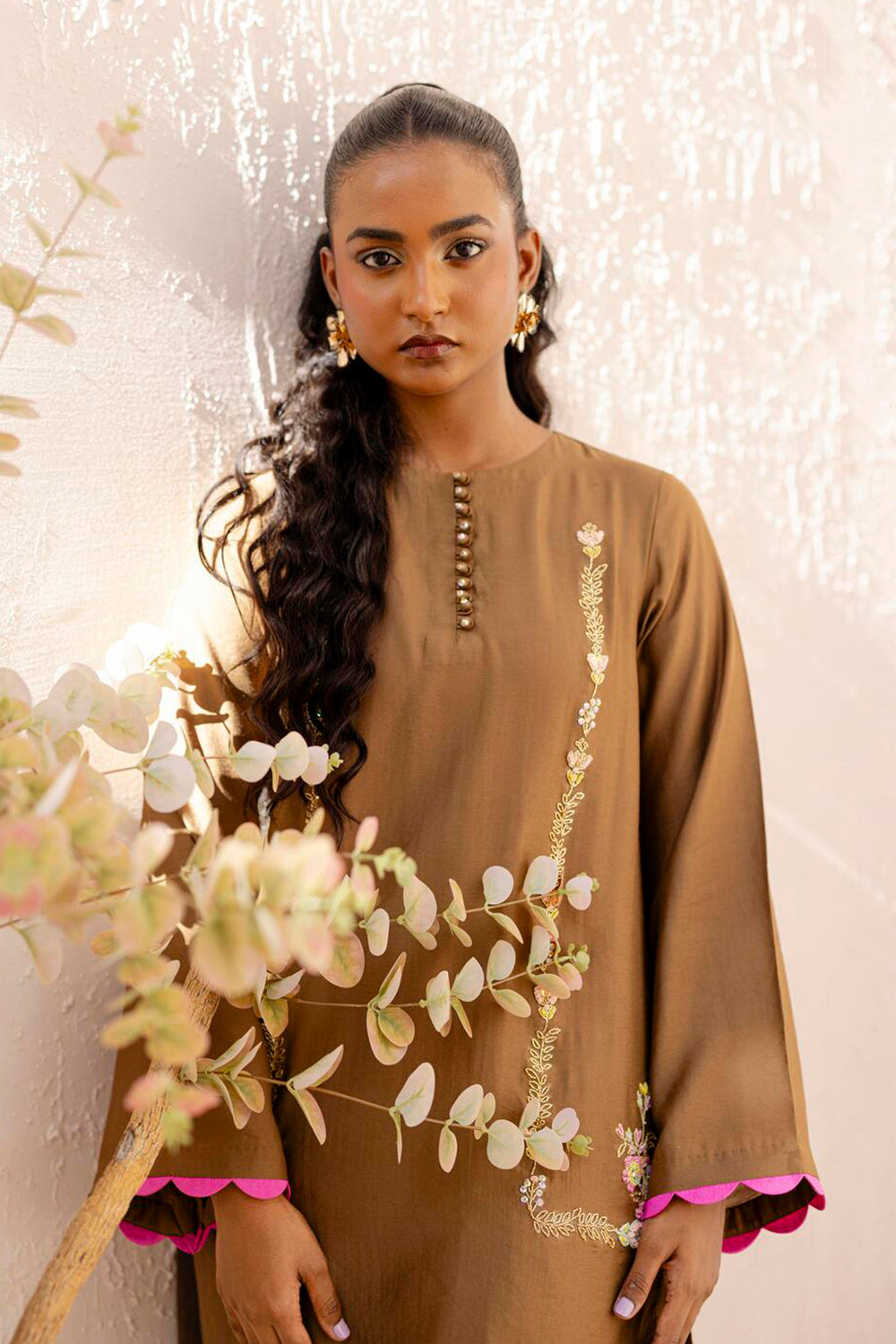 Mocha Embroidered Kurta Set with Tulip Pants