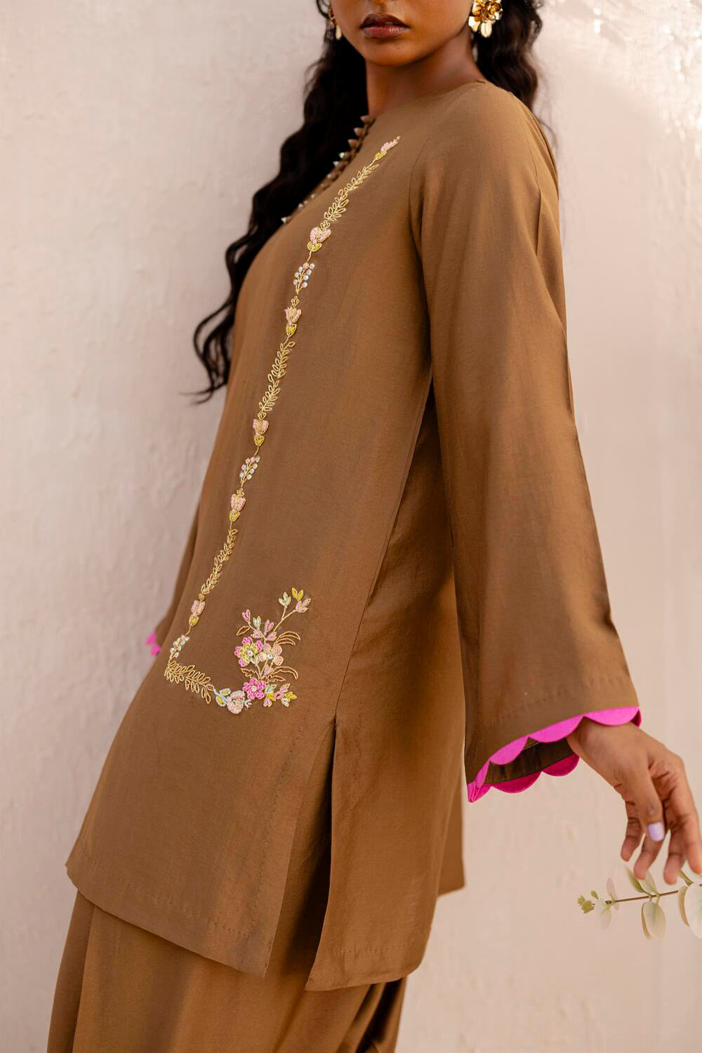 Mocha Embroidered Kurta Set with Tulip Pants