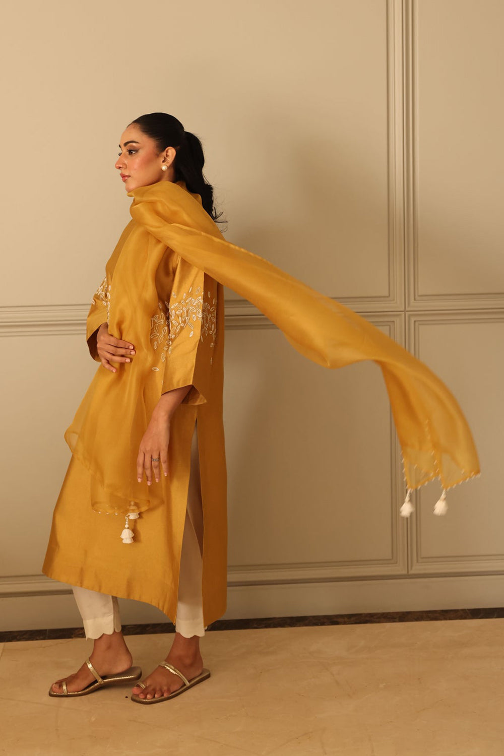 Mustard Silk Kurta Set with Embroidered Detail & Organza Dupatta