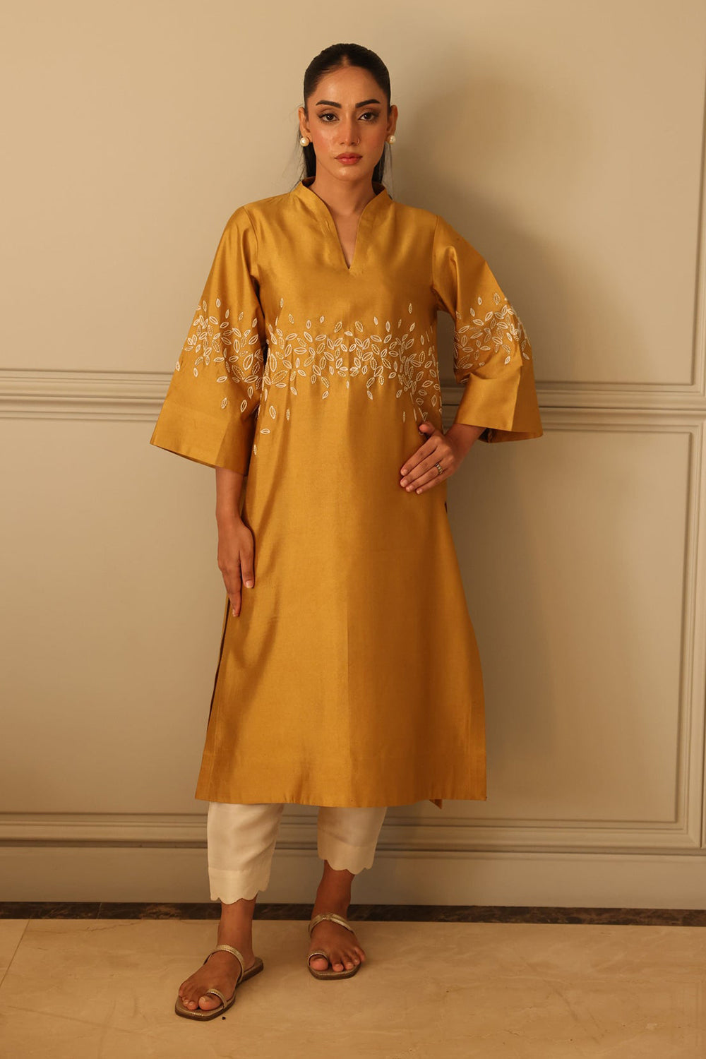 Mustard Silk Kurta Set with Embroidered Detail & Organza Dupatta